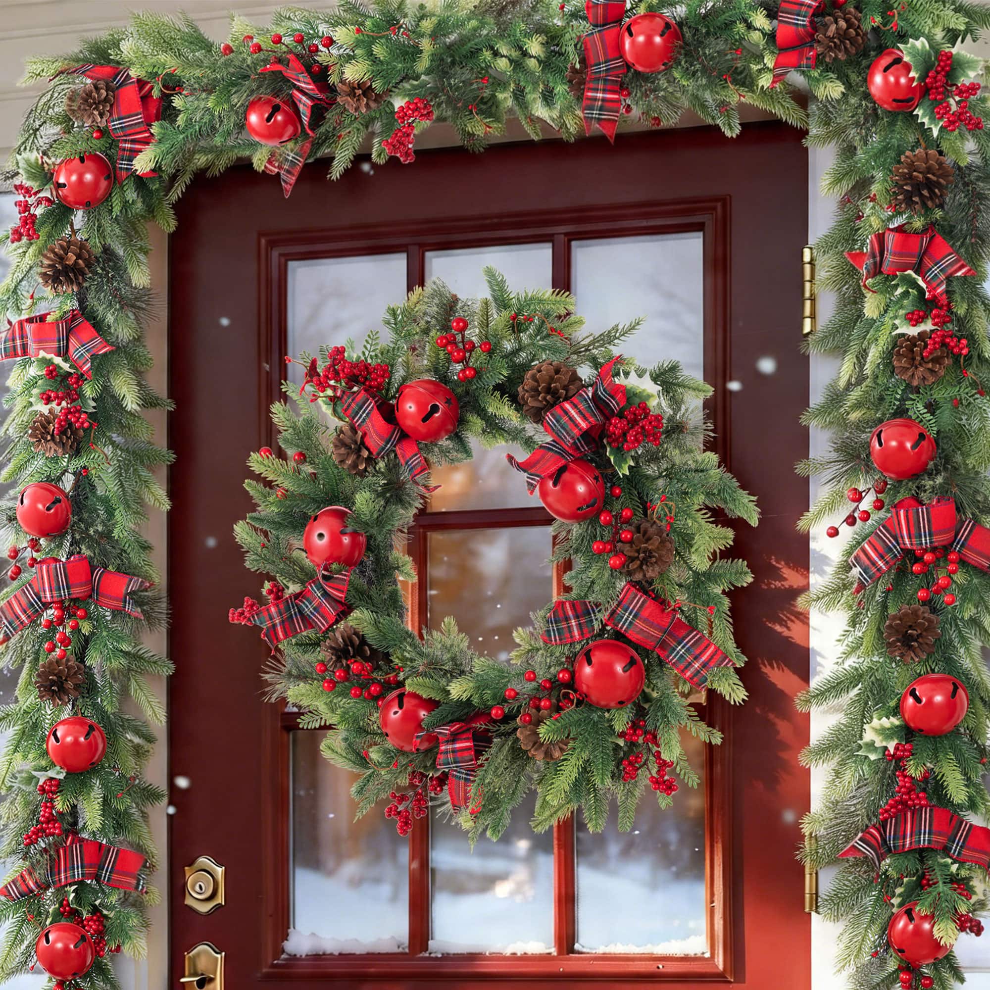 Glitzhome® 26" Christmas Bell Pinecone & Berry Bow Wreath