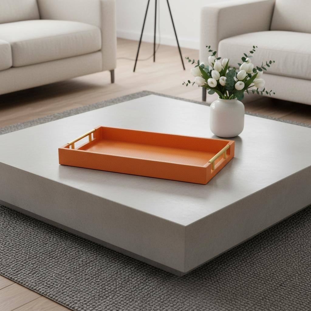 HomeRoots 15.75" x 9.5" Faux Shagreen Serving Tray with Gold Handles