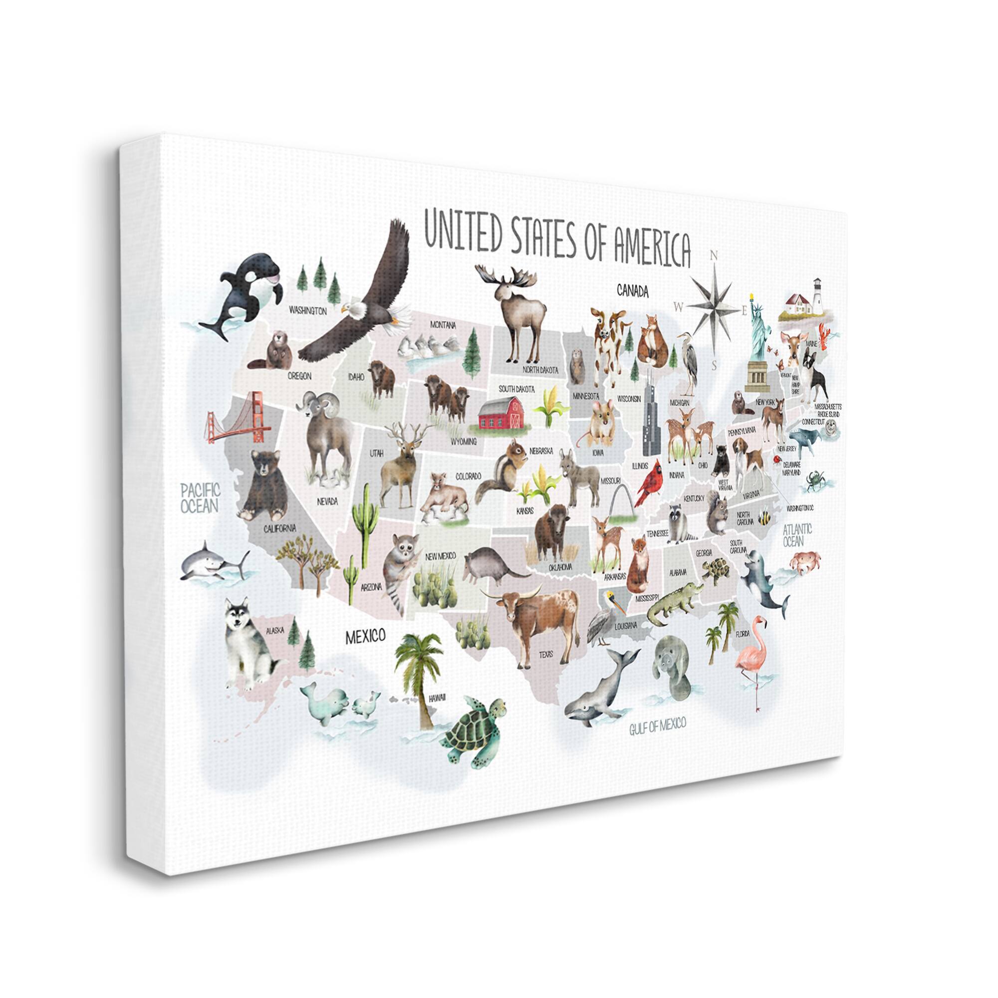 Stupell Industries United States of America Map of Animals Kid's Illustration Canvas Wall Art