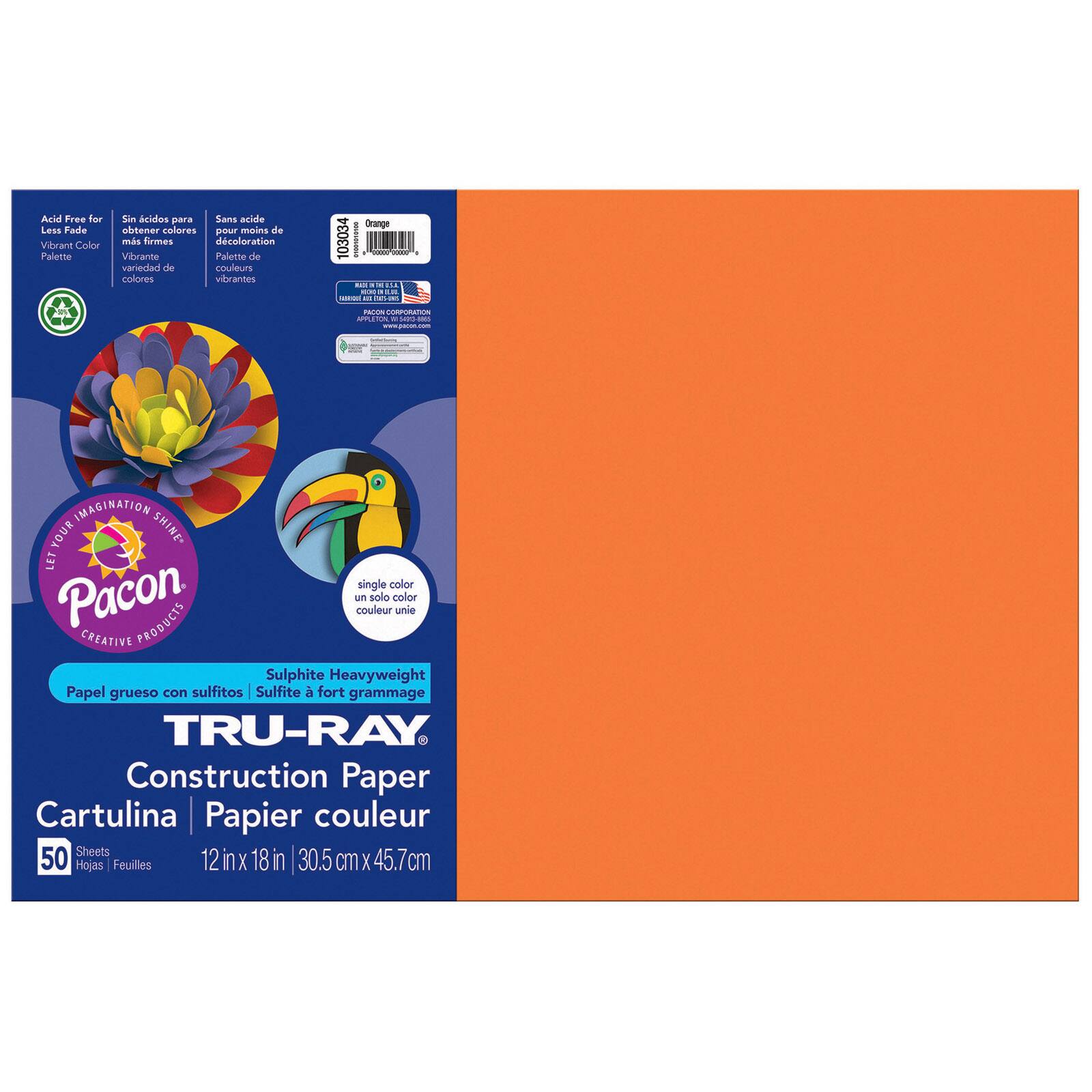 Tru-Ray® 12" x 18" Orange Construction Paper, 5 Packs of 50 Sheets