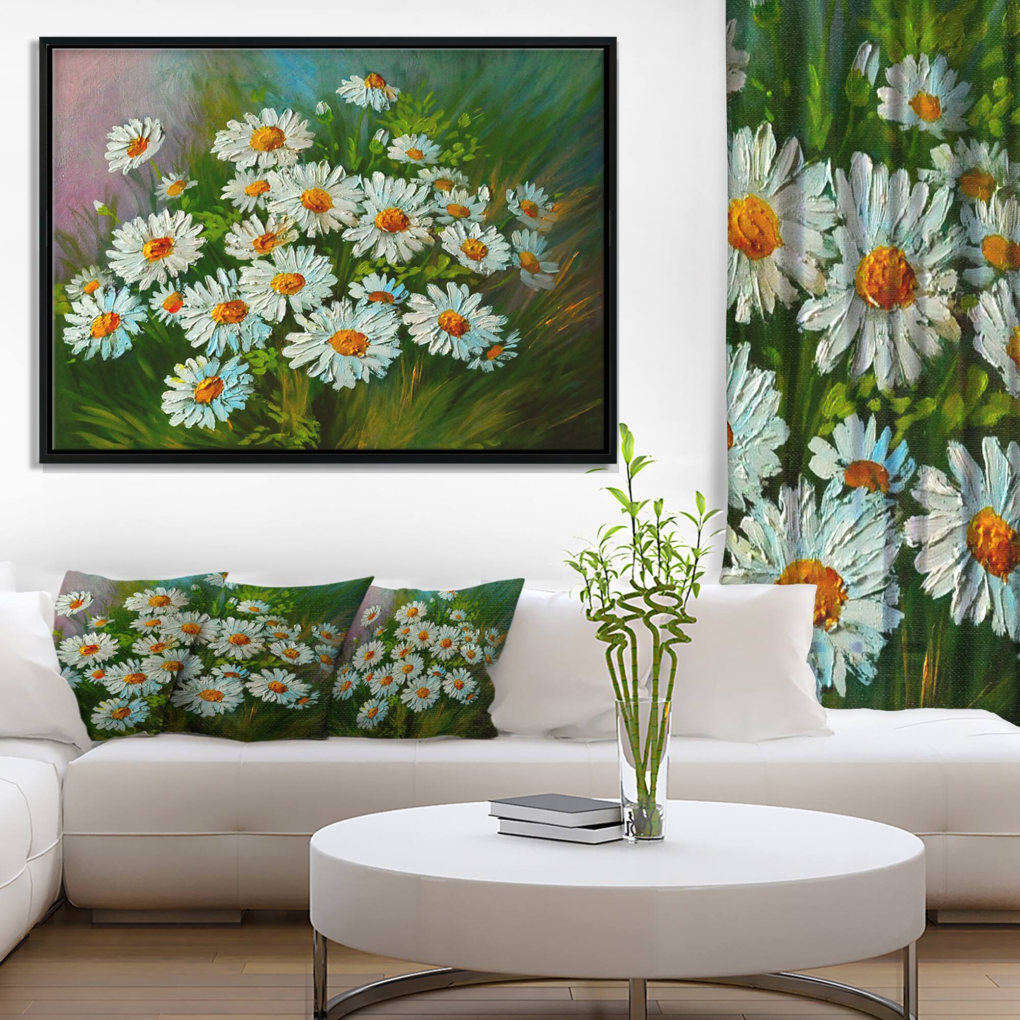 Designart - Heavily Textured Daisies Art - Floral Art Canvas Print in Black Frame