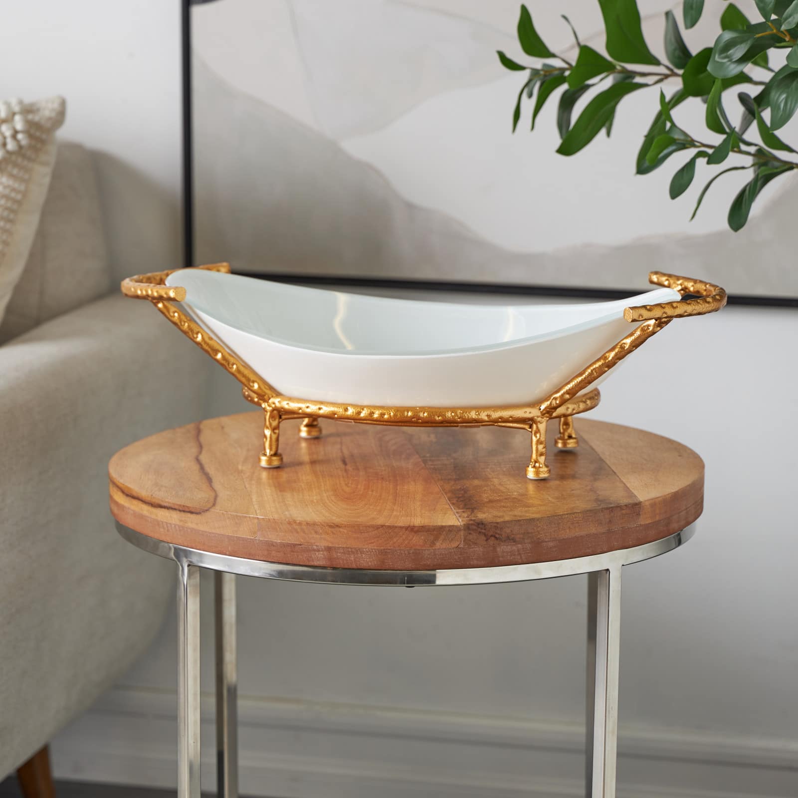 21" x 10" White Tempered Glass Kitchen Serving Bowl with Gold Metal Stand