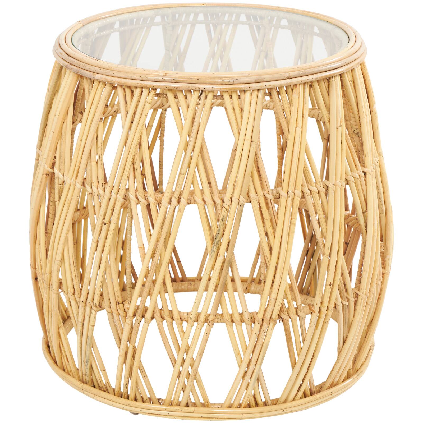 22" Brown Rattan Handmade Woven Geometric Accent Table with Glass Top