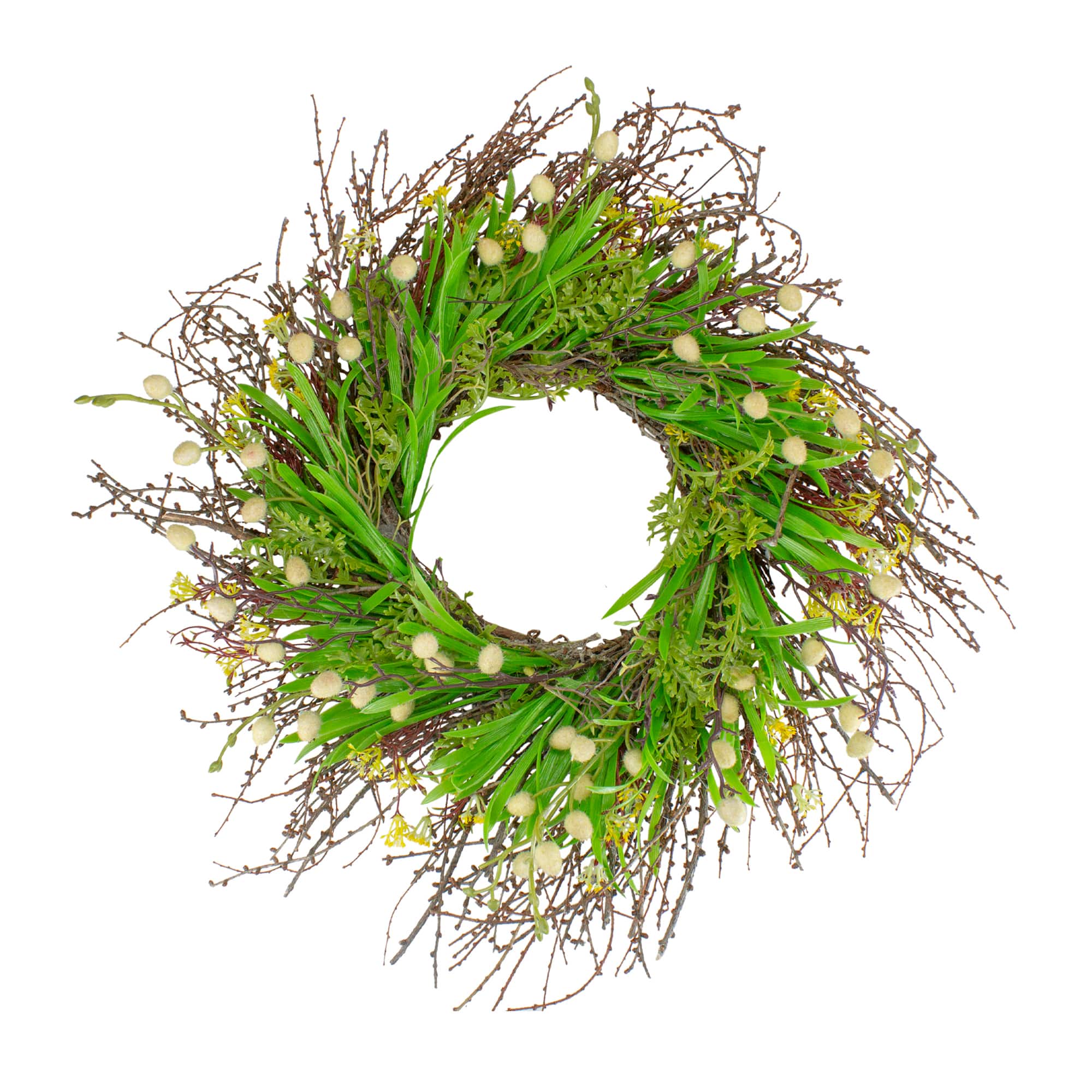 18" Green & Yellow Burrs & Brush Artificial Floral Spring Wreath