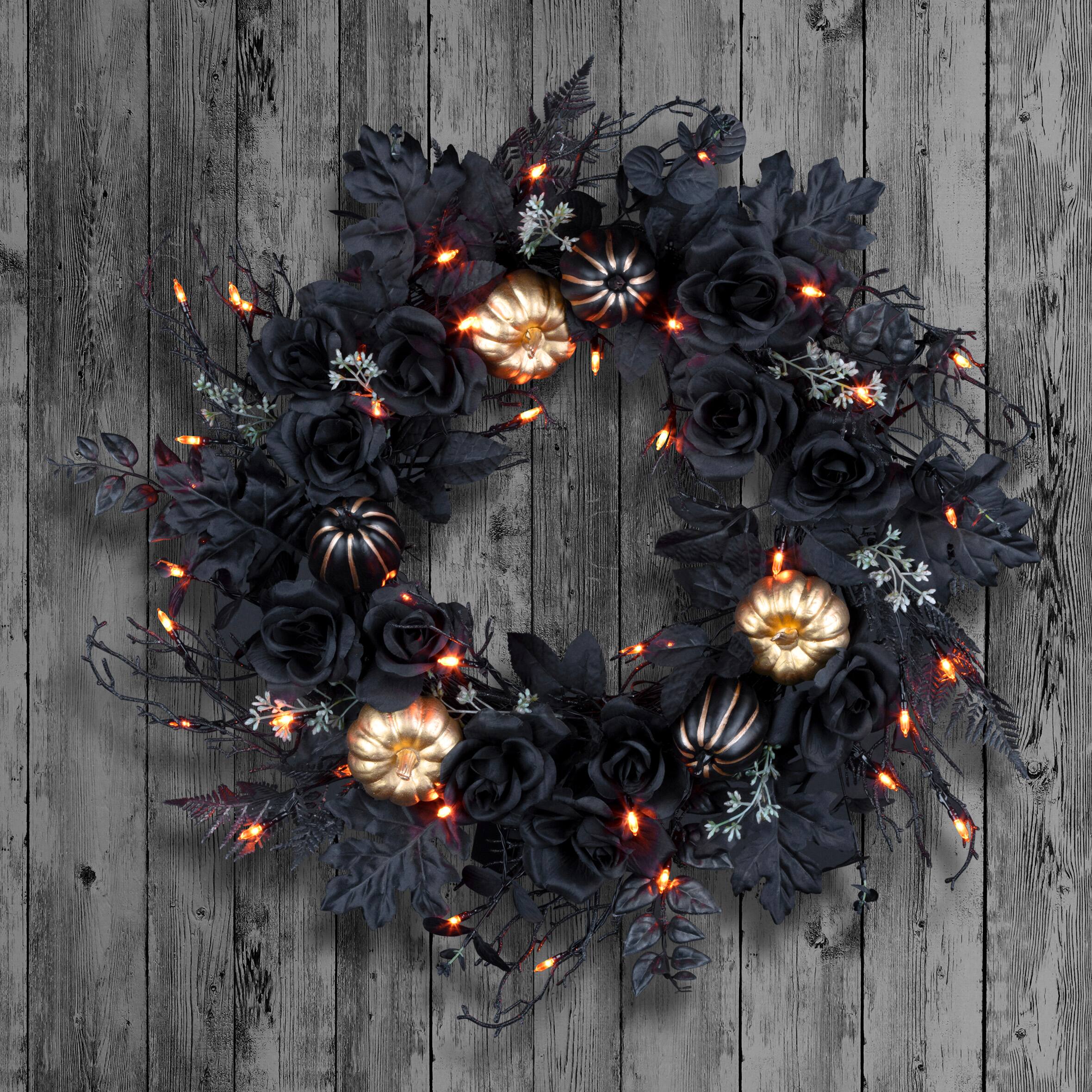 24" Chic Eek Black Flower & Pumpkin Halloween Pre-Lit LED Wreath