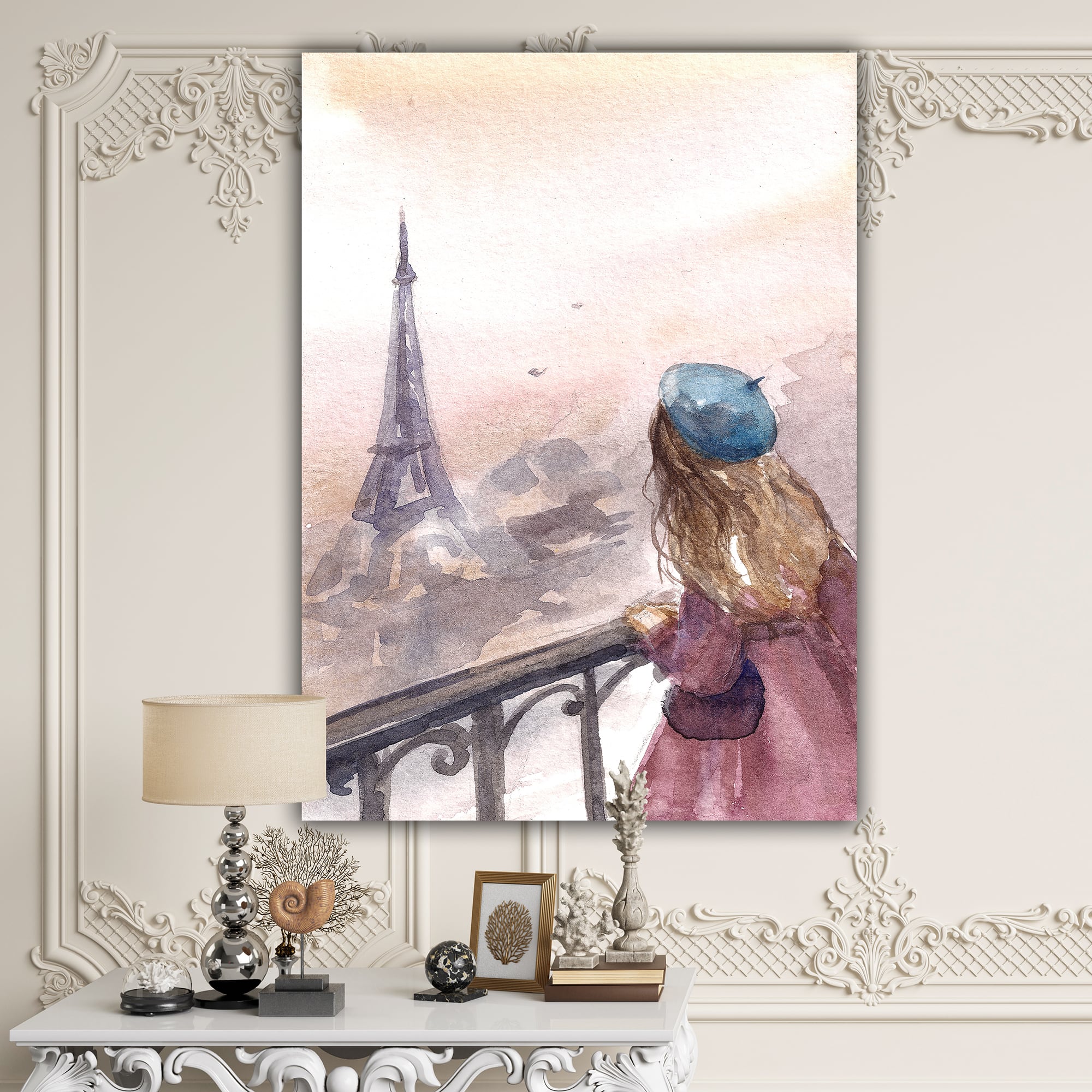 Designart - Young Paris Girl Watching Eiffel Tower - Traditional Canvas Wall Art
