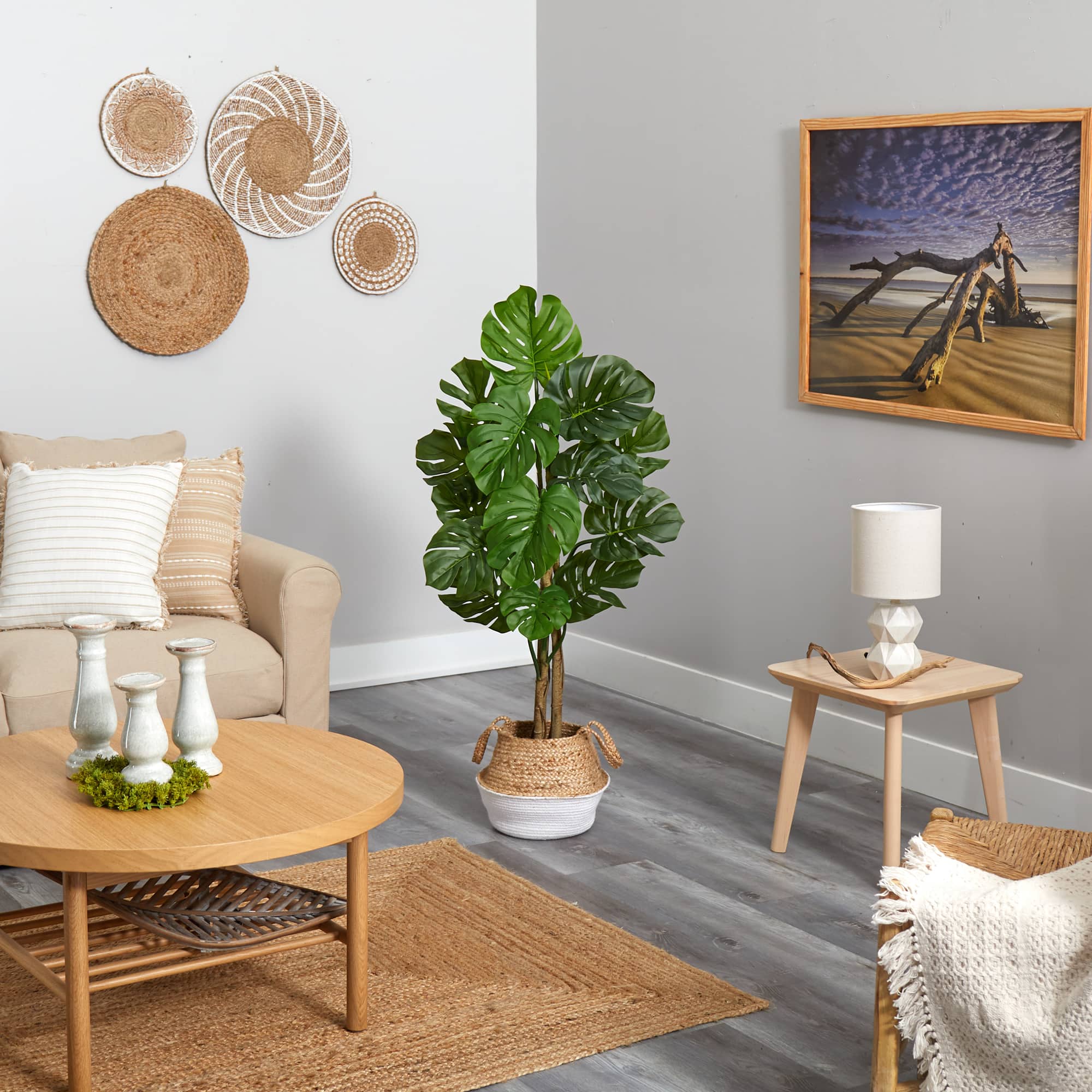 4ft. Monstera Artificial Tree in Boho Chic Handmade Cotton & Jute White Woven Planter UV Resistant (Indoor/Outdoor)