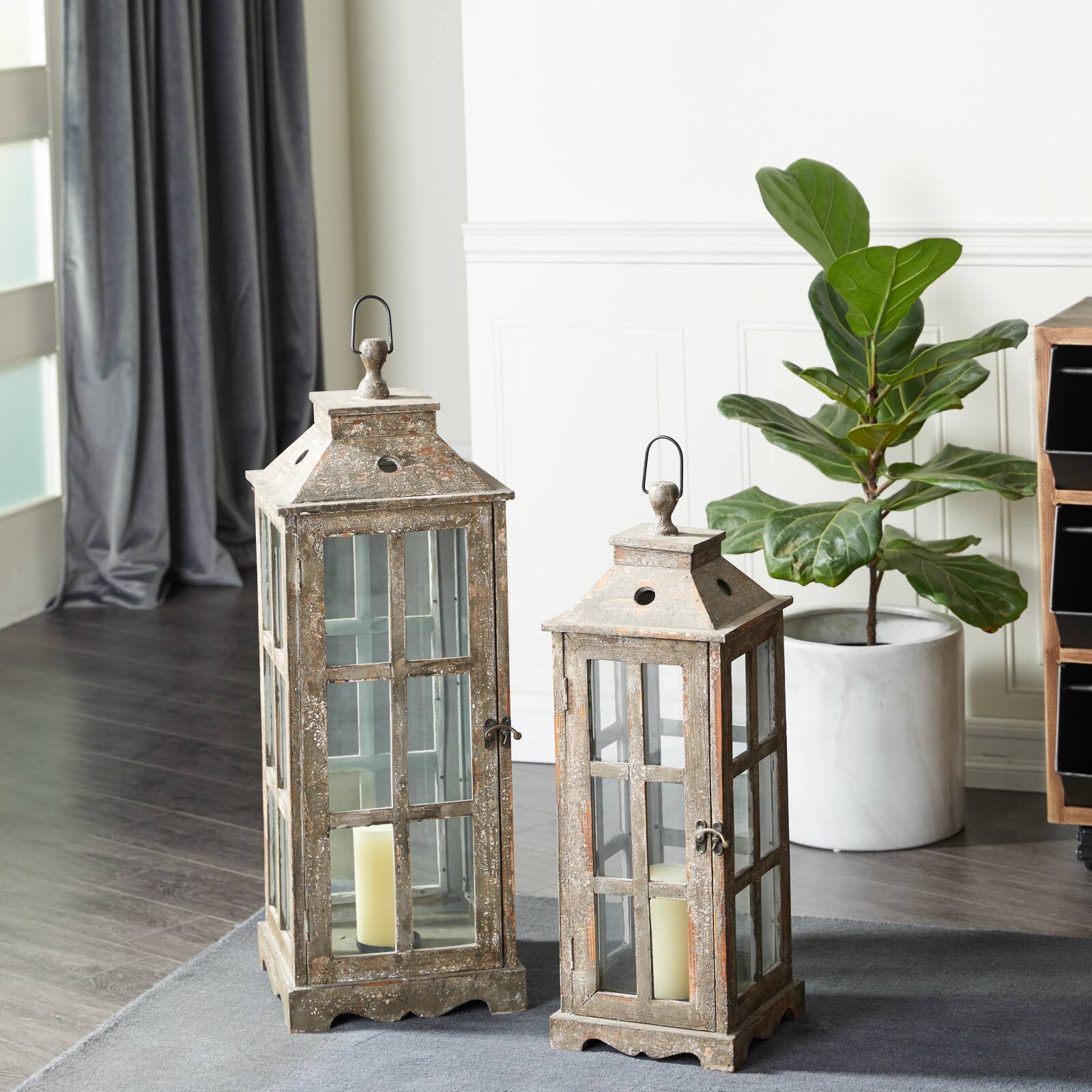 Set of 2" Brown Wood Rustic Lantern, 33", 27"