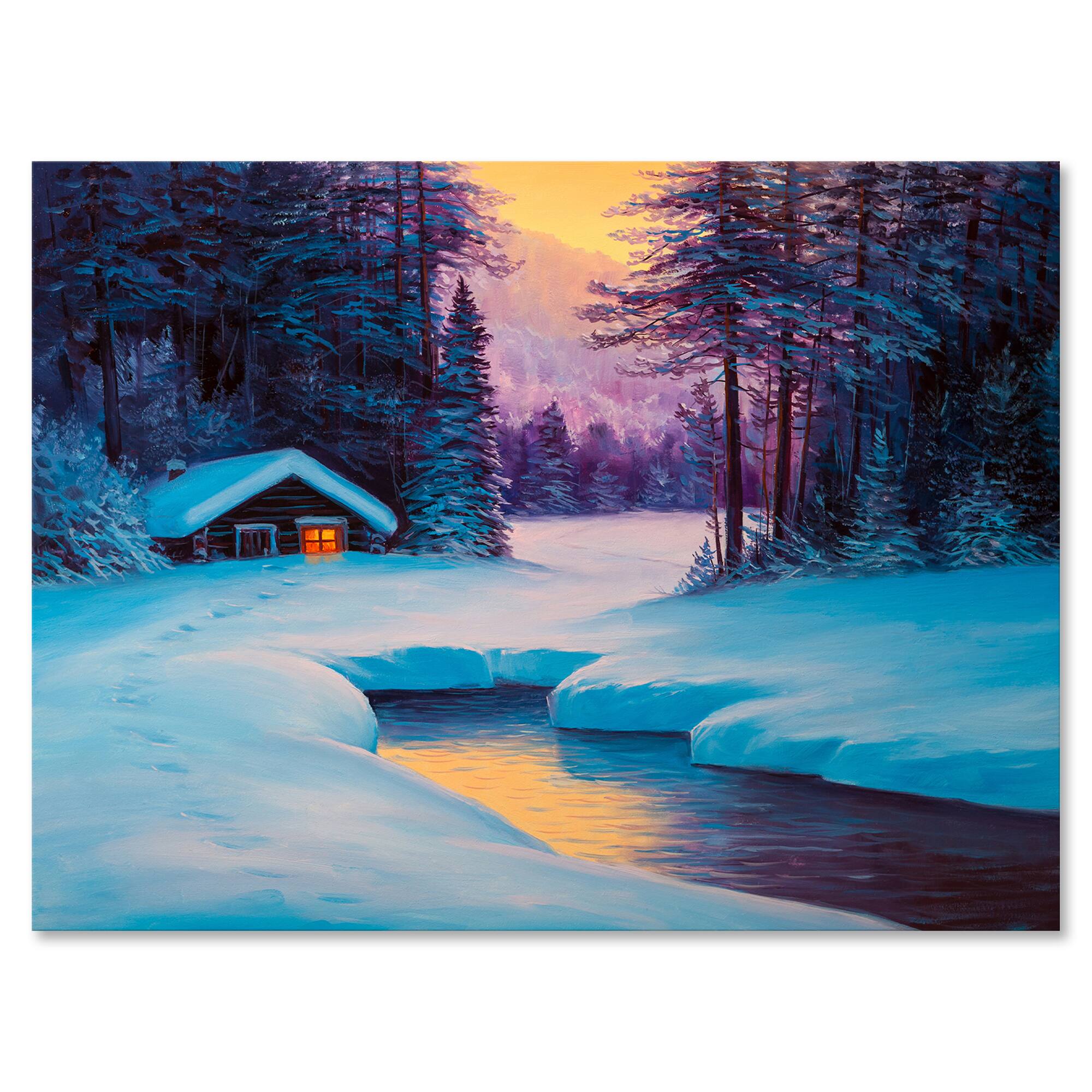 Designart - Old Cabin In Winter Forest II - Traditional Canvas Wall Art Print