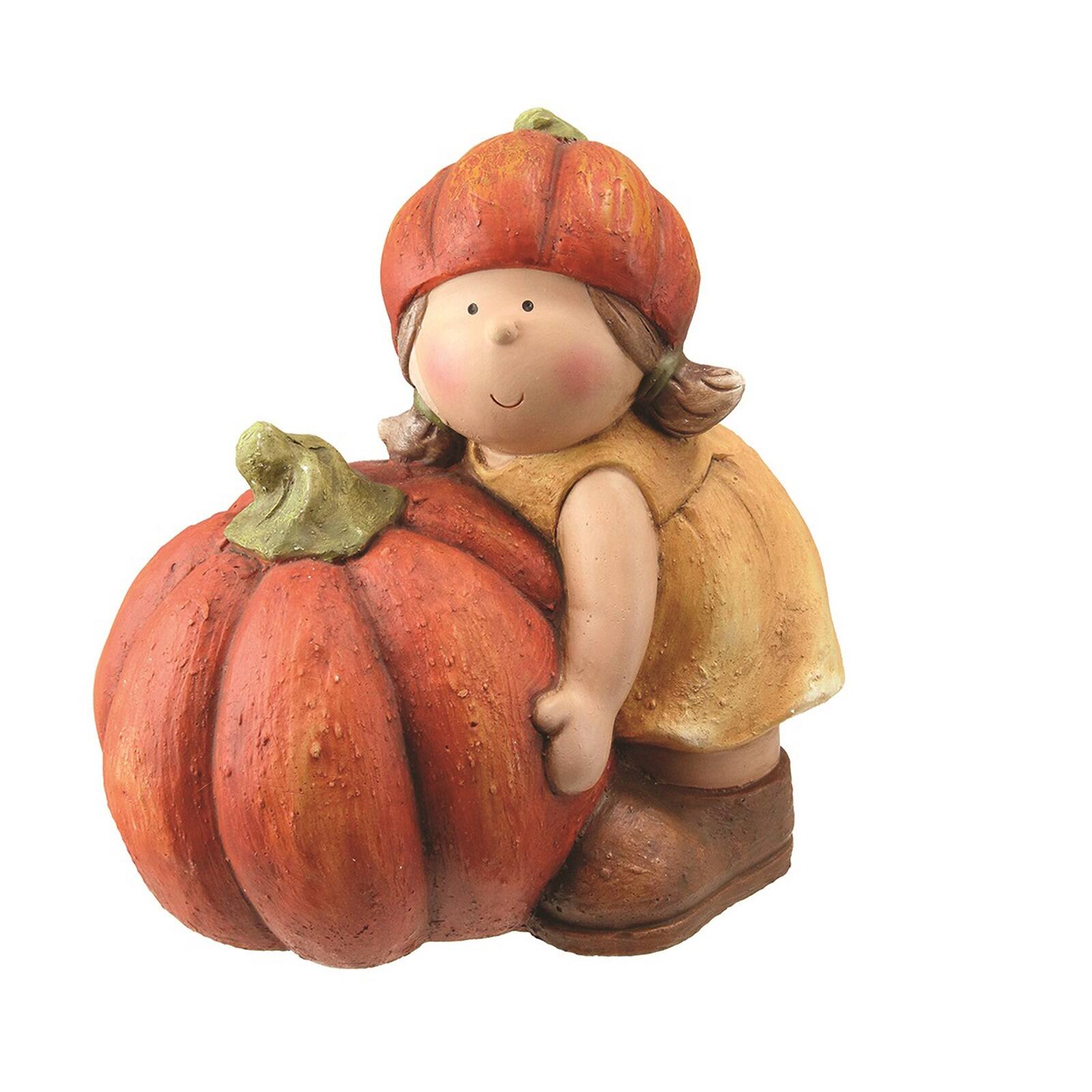 Fall Harvest Girl in Tan Dress with Artificial Pumpkin Tabletop Decoration