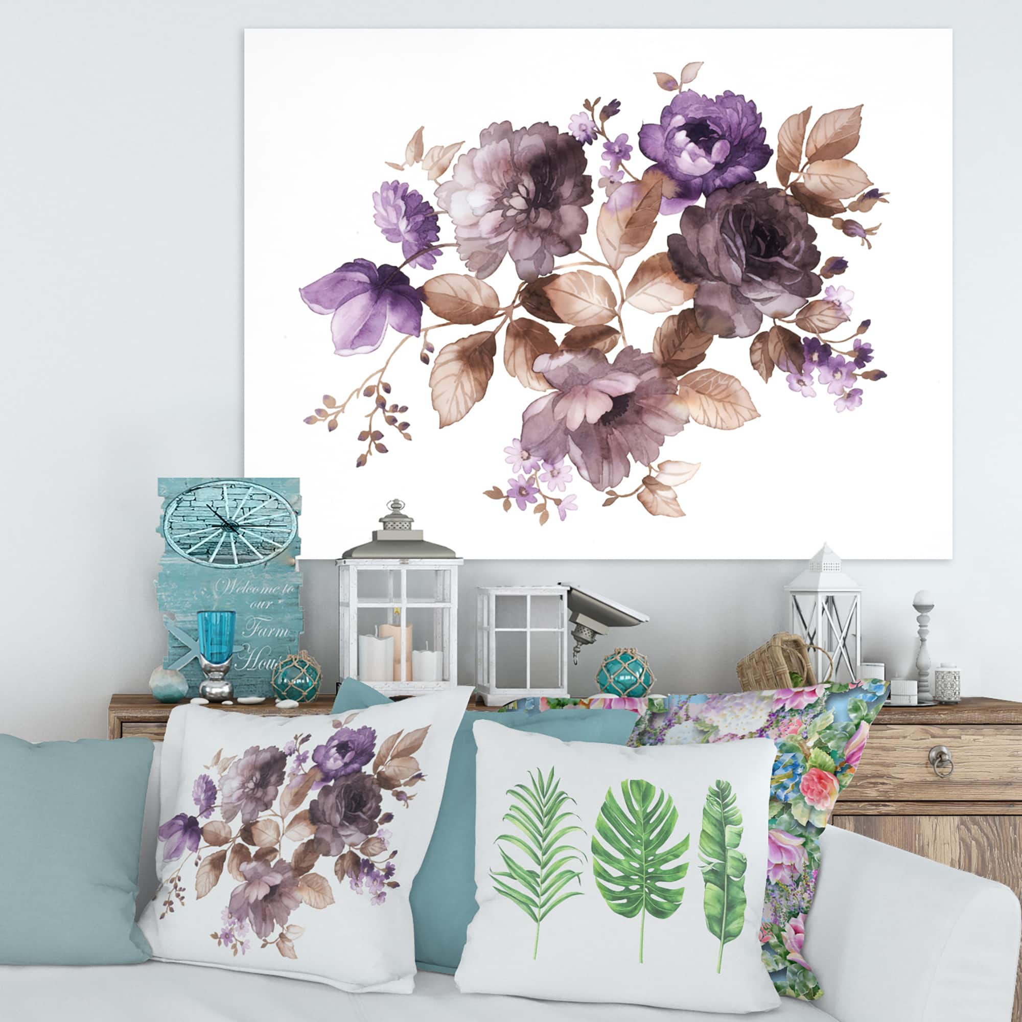 Designart - Purple Retro Flowers With Brown Leaves - Traditional Canvas Wall Art Print