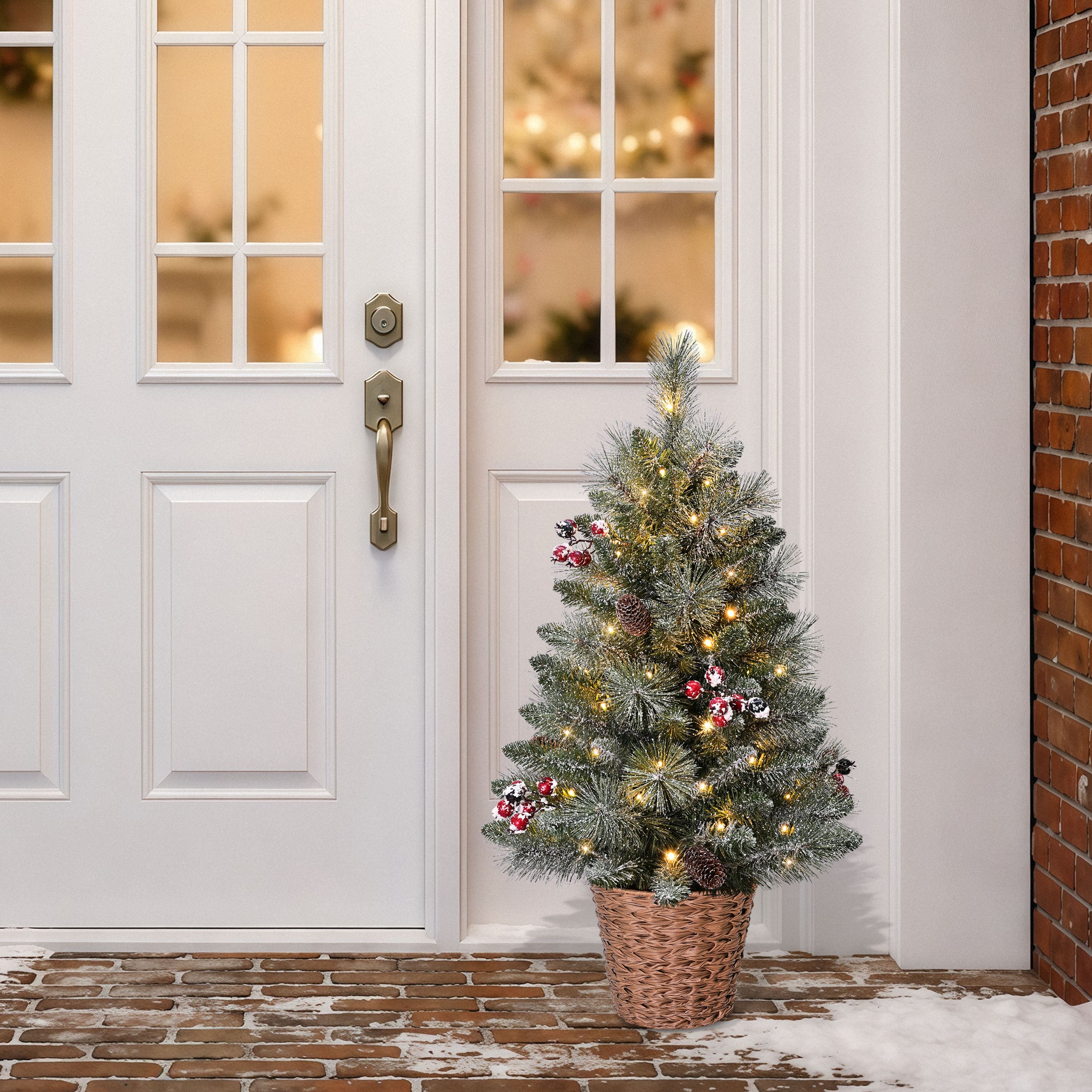 Puleo 3ft. Pre-Lit Snowy Pine, Pinecones & Berries Artificial Christmas Tree in Baskets, Warm White LED Lights