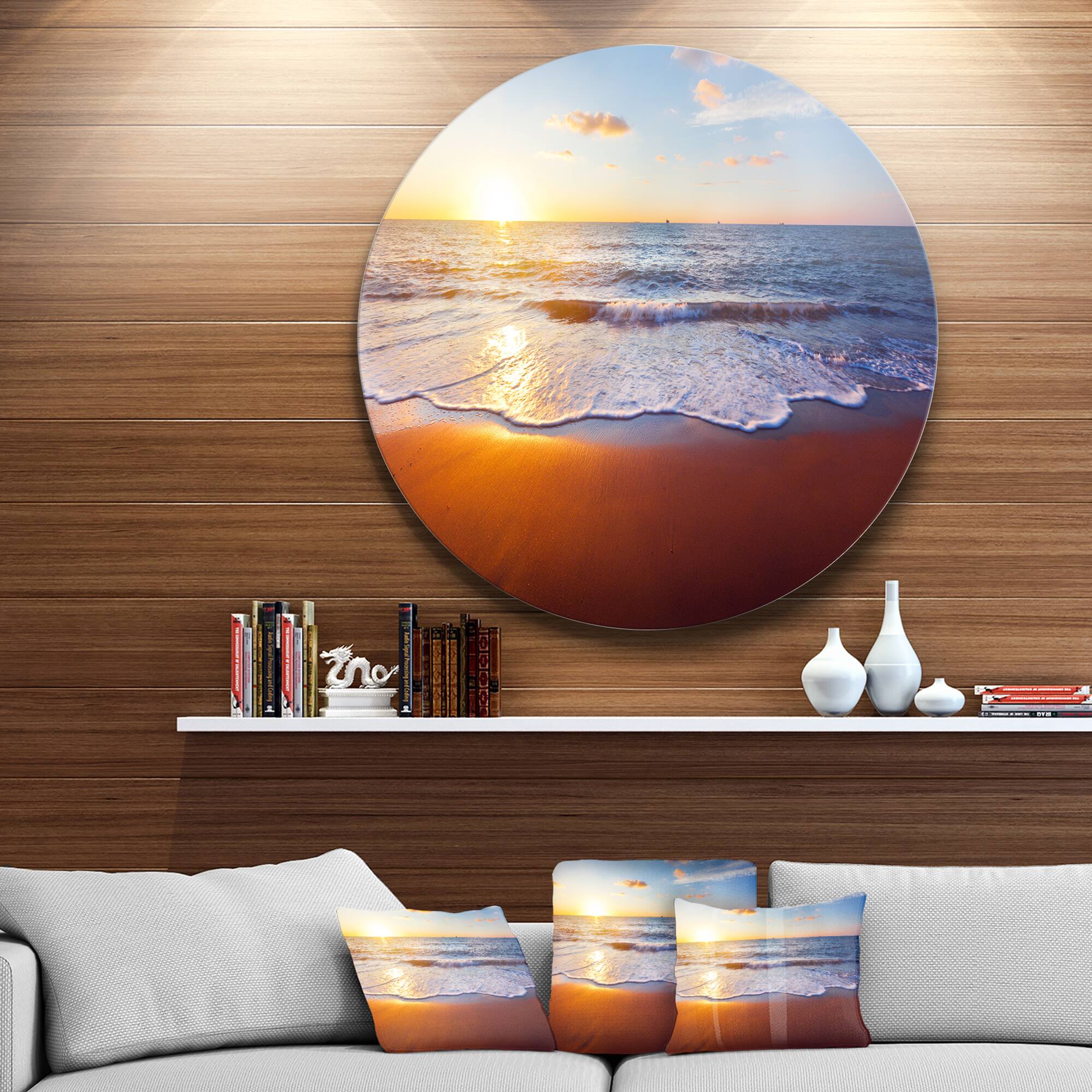 Designart - Stunning Blue Waves and Brown Sand' Beach Photo Metal Circle Wall Art