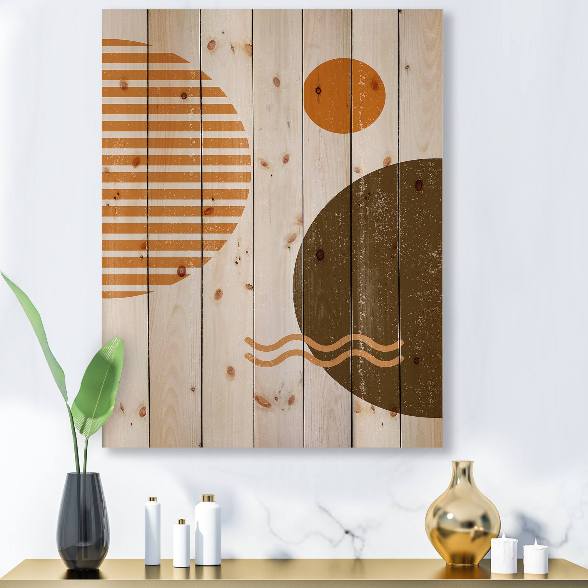 Designart - Abstract Minimal Sun and Moon In Earth Tones III - Modern Print on Natural Pine Wood