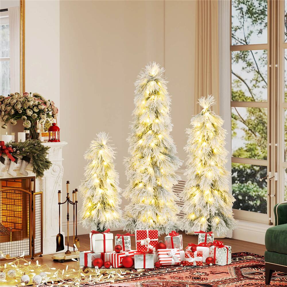 3ft., 4ft., 5ft. Pre-Lit Snow-Pressed Artificial Christmas Tree Set, Warm White LED Lights