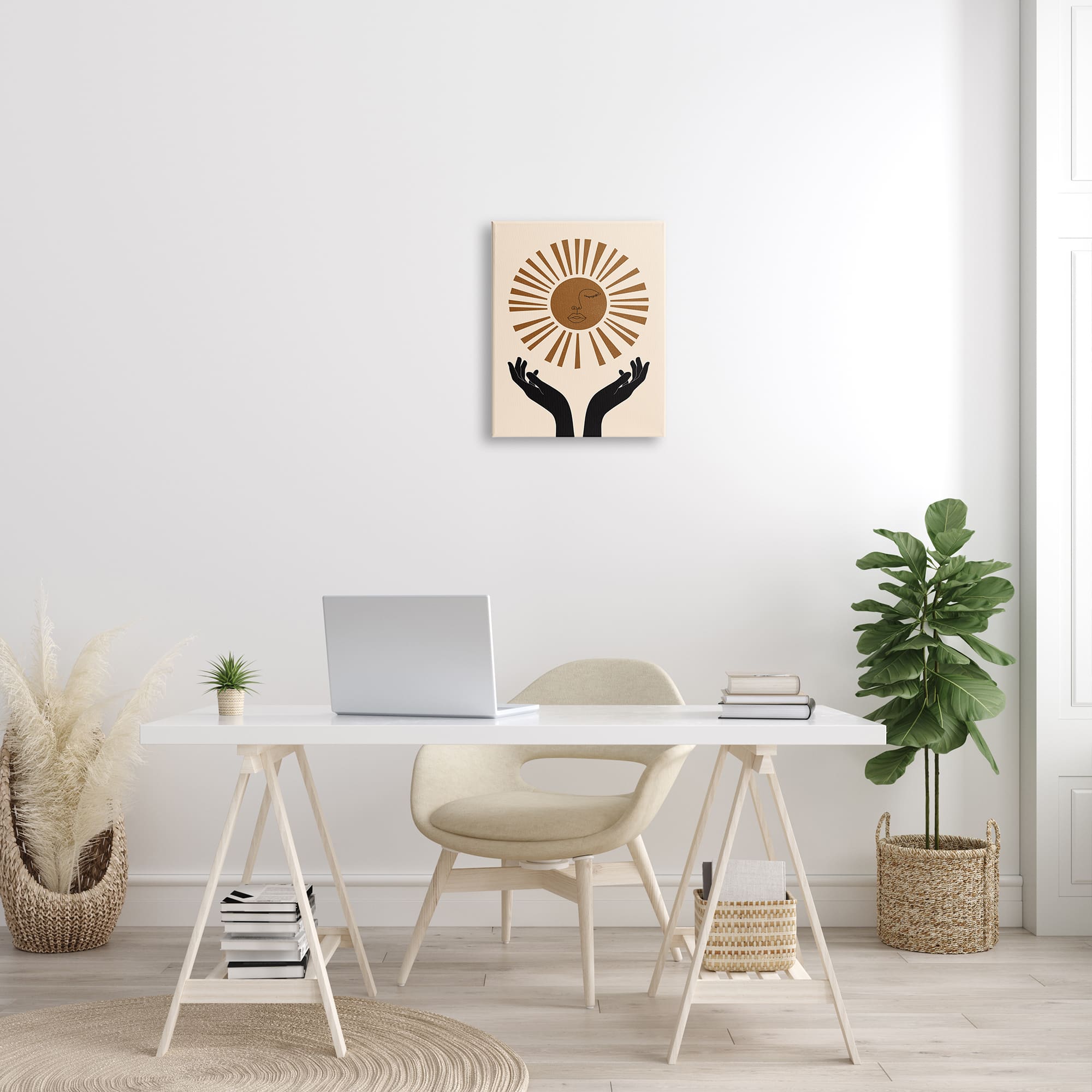 Stupell Industries Hands Holding Desert Sun with Face Linework Canvas Wall Art
