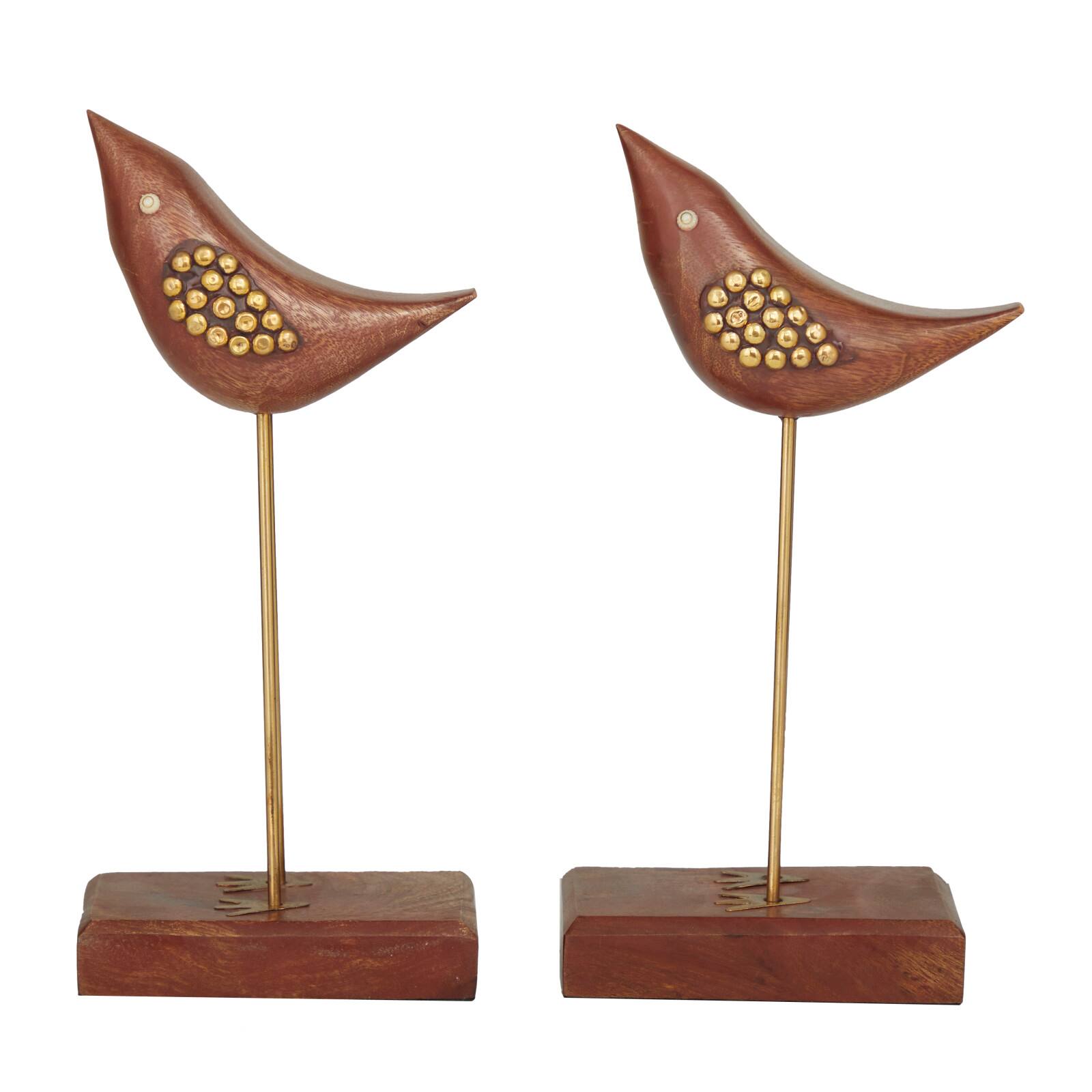 Brown Wood Traditional Bird Sculpture, Set of 2" 3", 10"