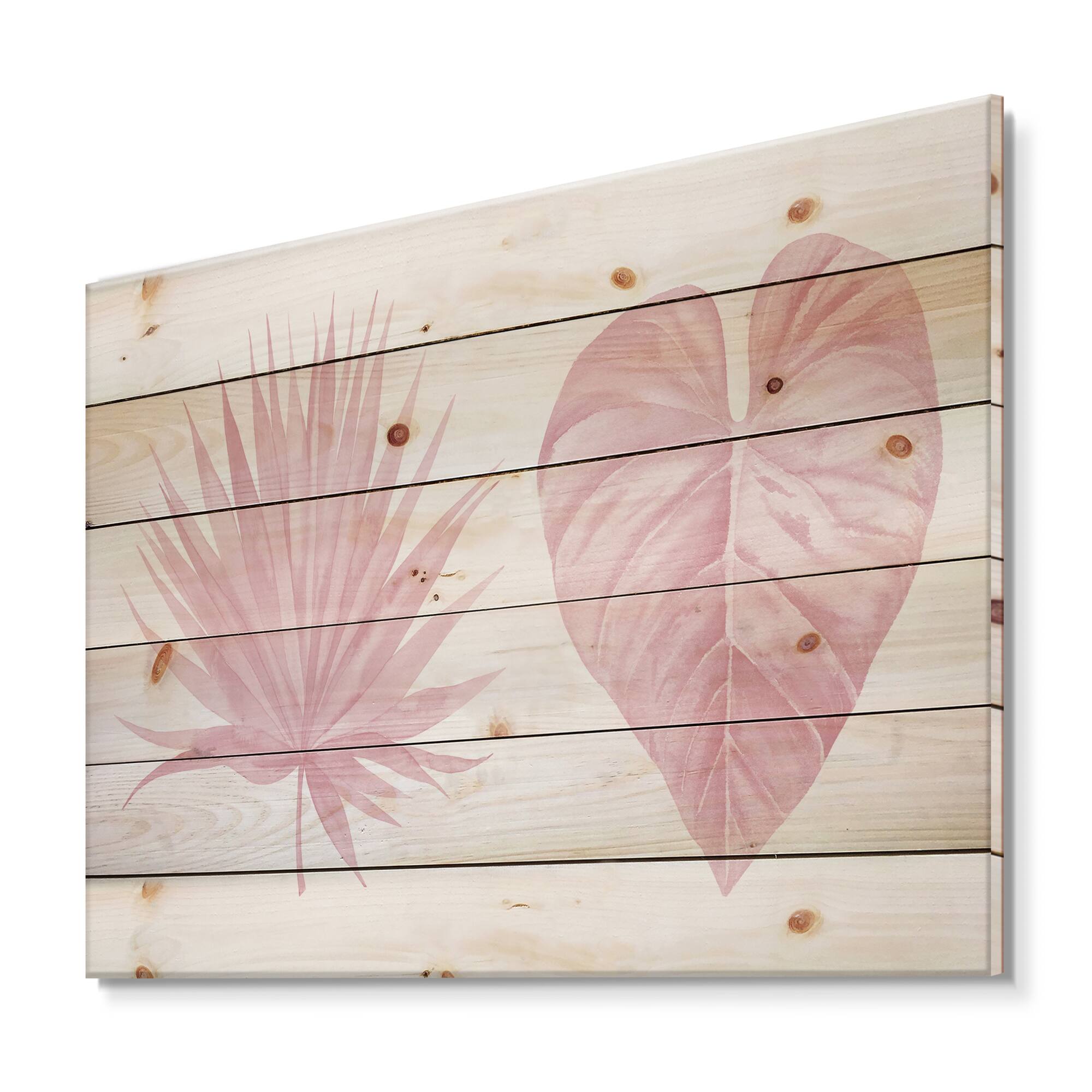 Designart - Tropical Pink Watercolour Leaves II - Shabby Chic Print on Natural Pine Wood