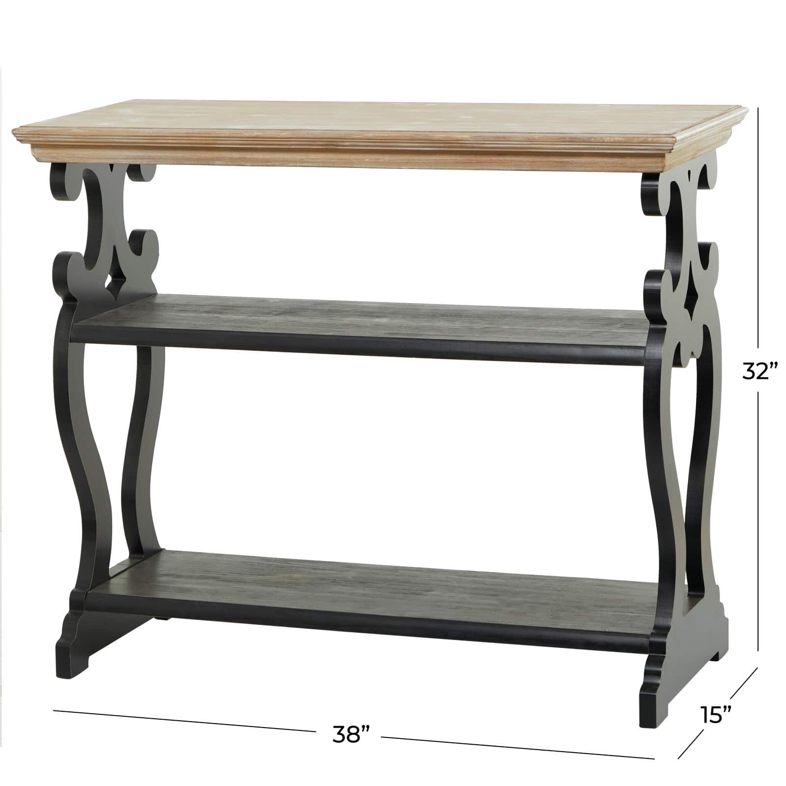Black Wood Scroll Side Frames 2 Shelves Console Table with Brown Wood Top 38" x 15" x 32"