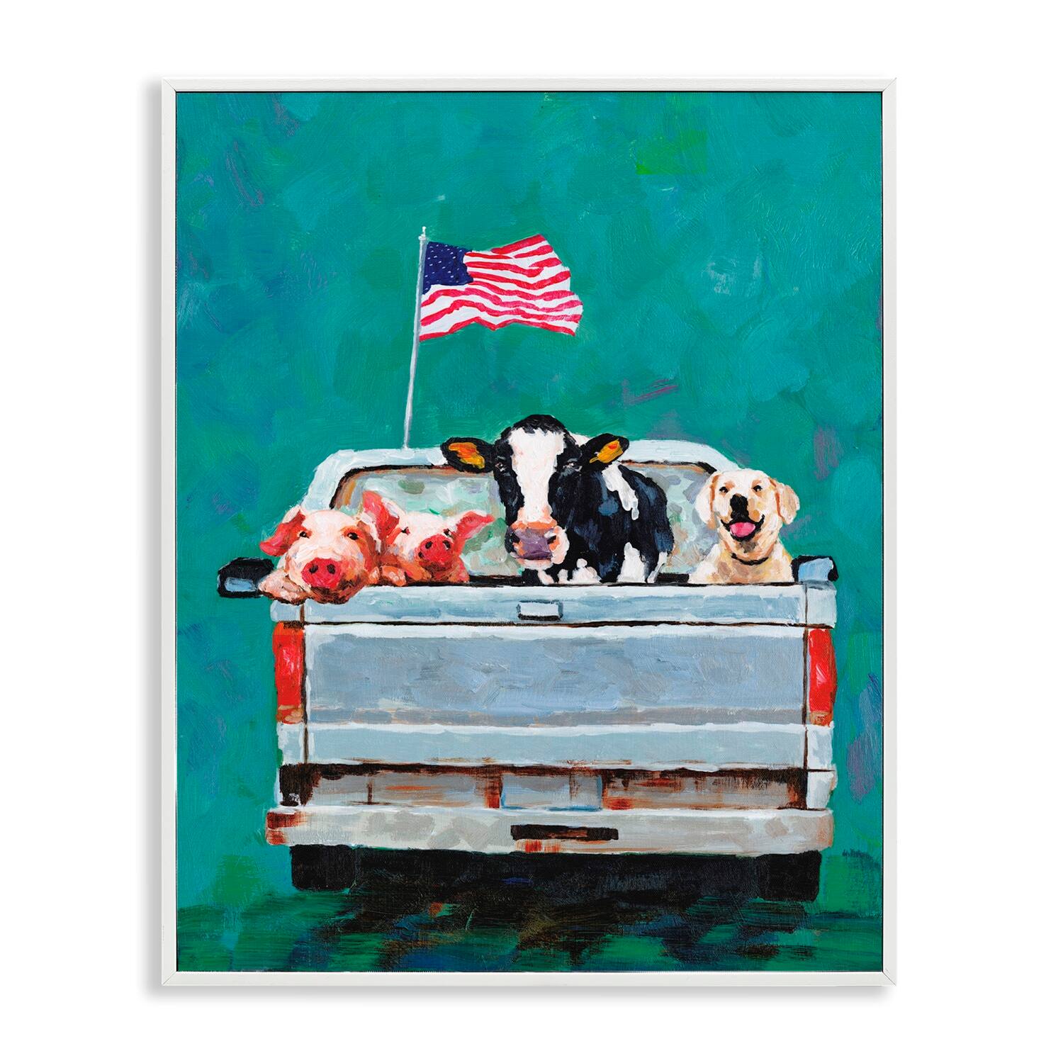 Stupell Industries Farm Animals Pickup Truck Waving American Flag Framed Giclee Art