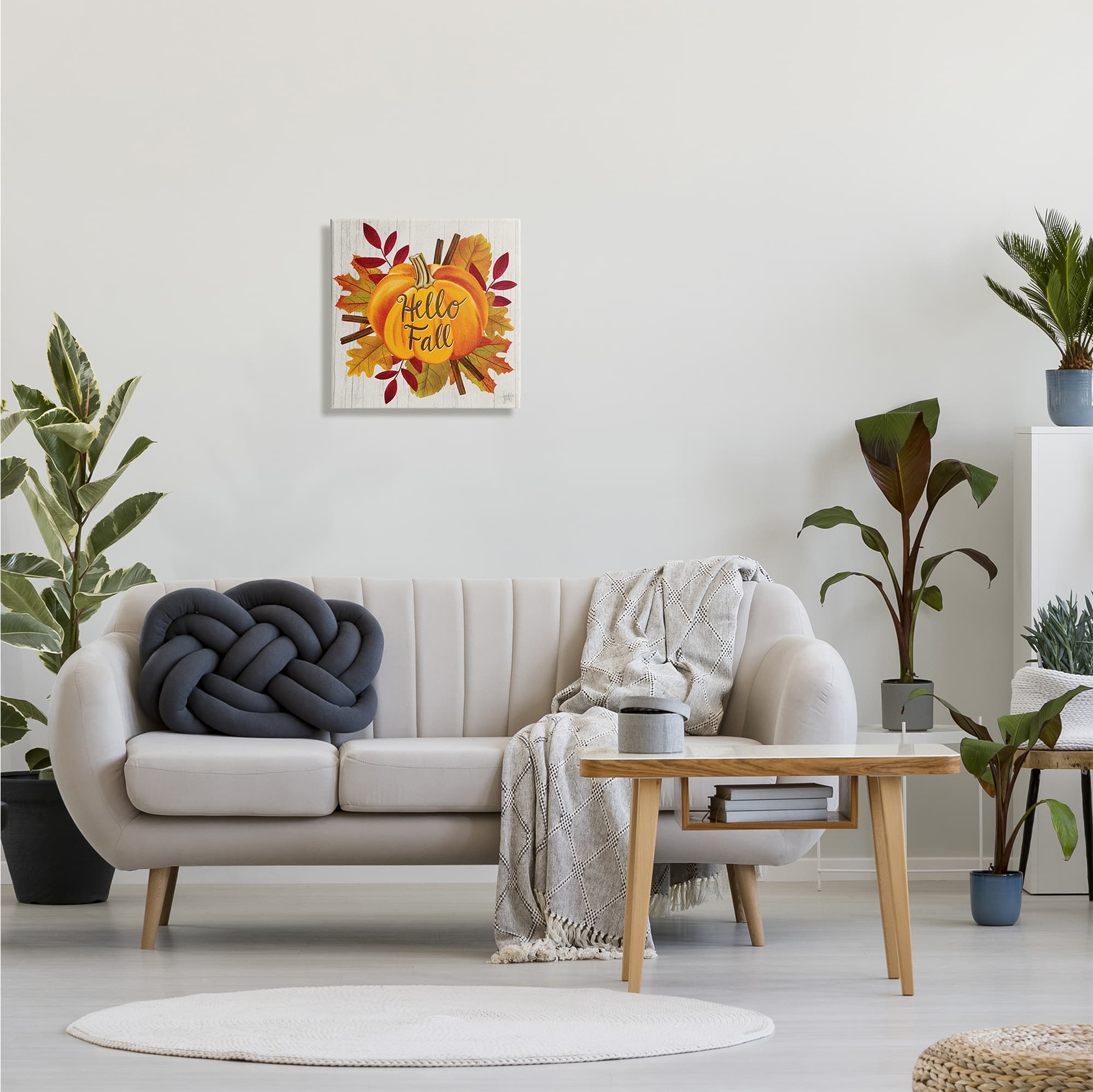 Stupell Industries Hello Fall Sentiment Orange Pumpkin Autumn Tree Leaves Canvas Wall Art