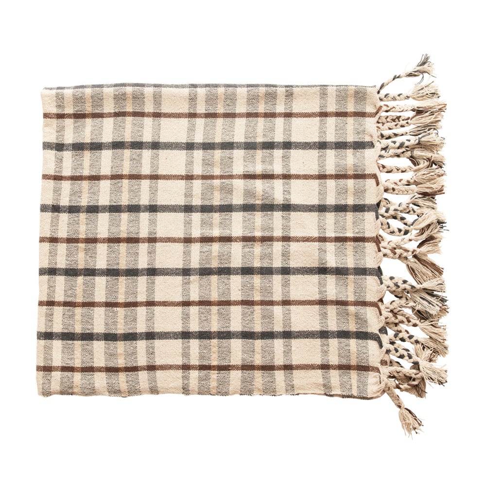 Hello Honey® Charcoal & Brown Woven Recycled Cotton Blend Plaid Throw with Tassels