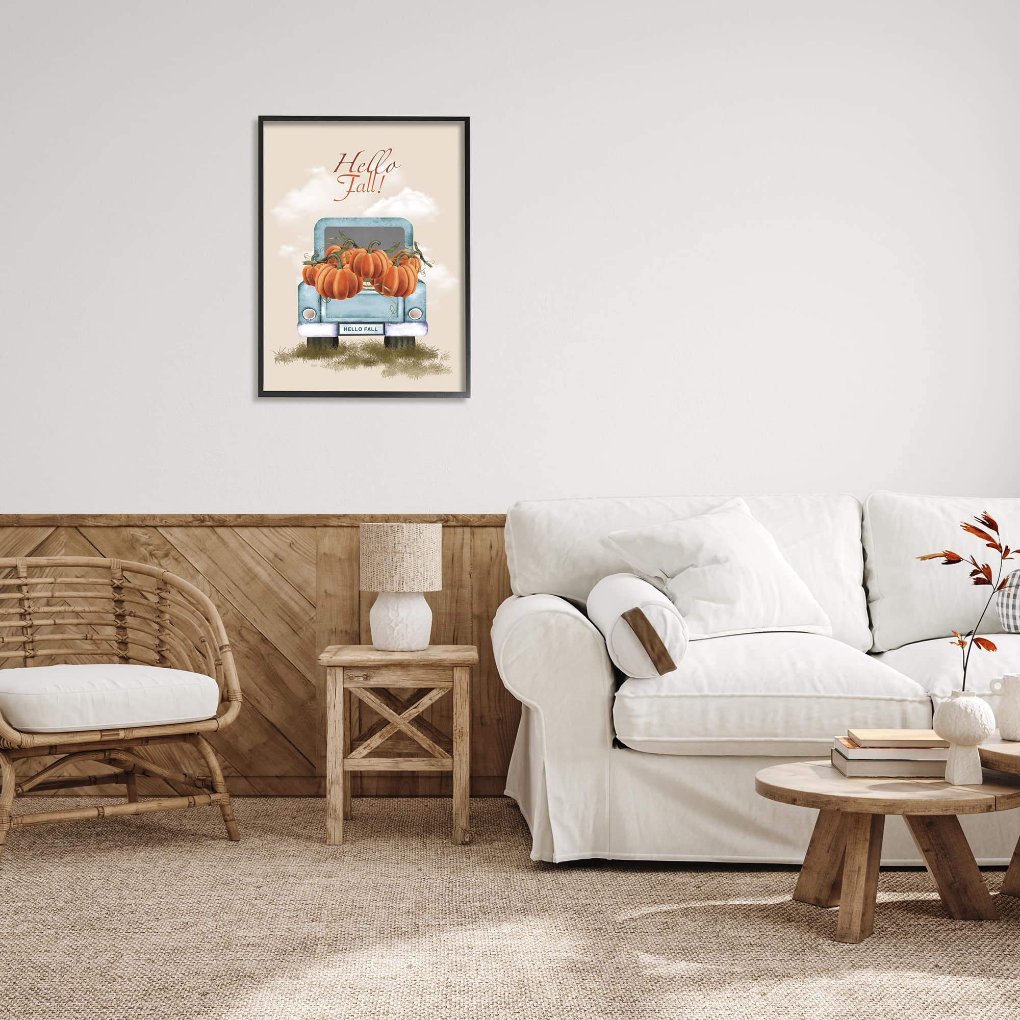 Stupell Industries Hello Fall Seasonal Autumn Pumpkins Framed Giclee Art