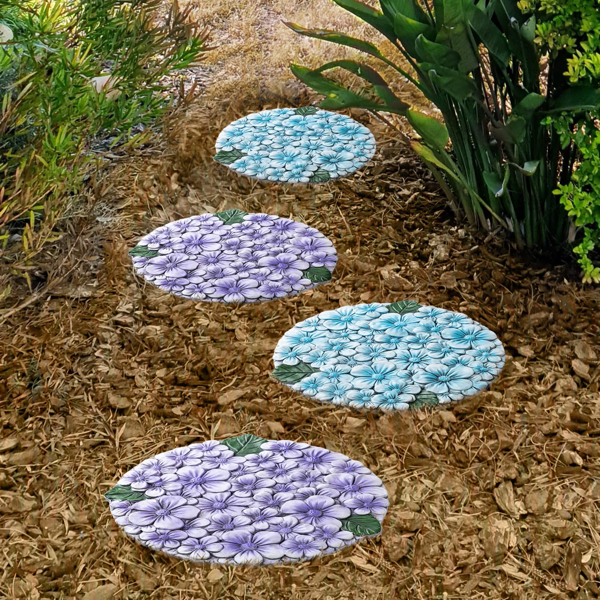 Glitzhome® 10" Set of 2 Cement Blue and Purple Hydrangea Textured Stepping Stones