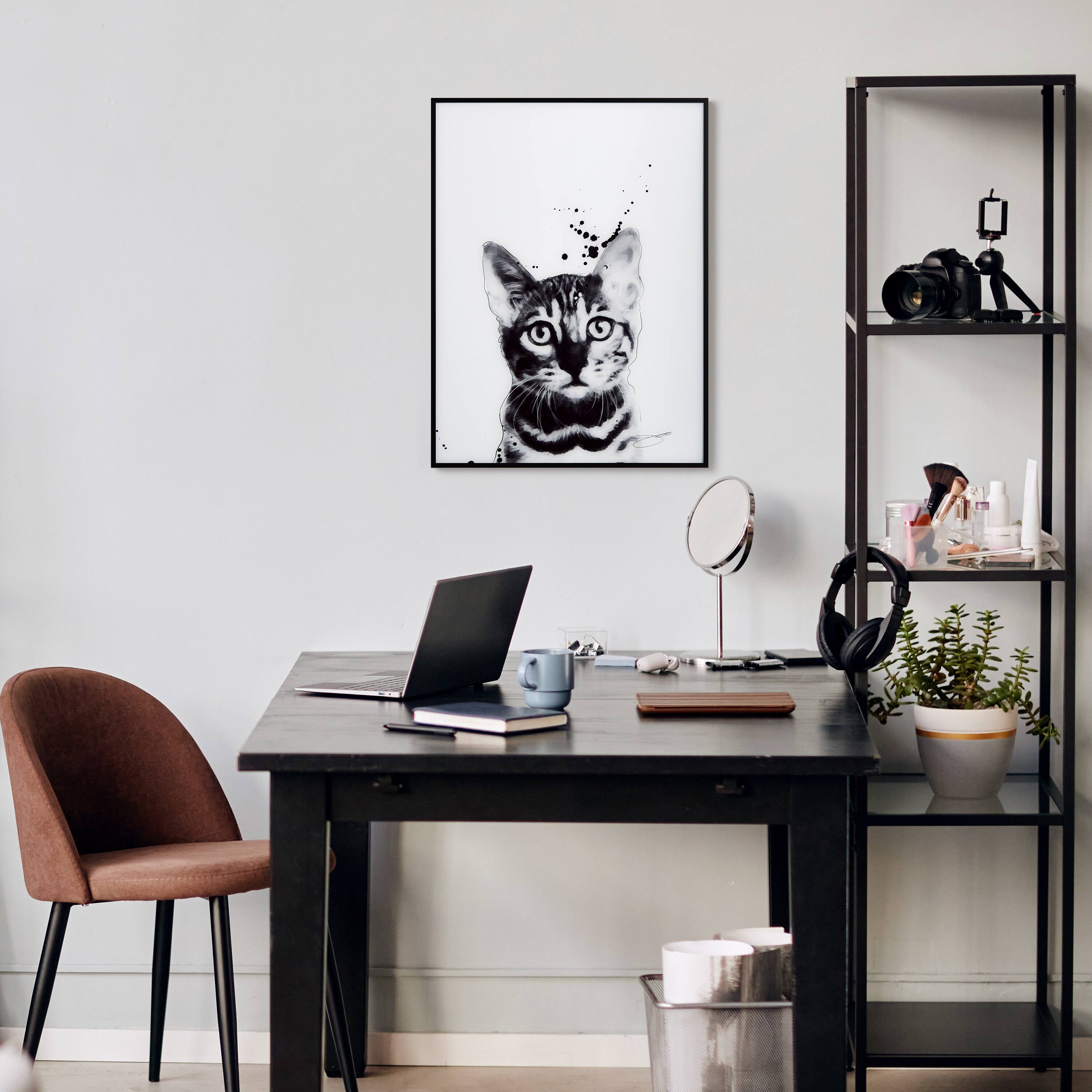 Empire Art Direct 24" x 18" Black & White Bengal Cat Pet Reverse Printed Wall Art with Black Frame