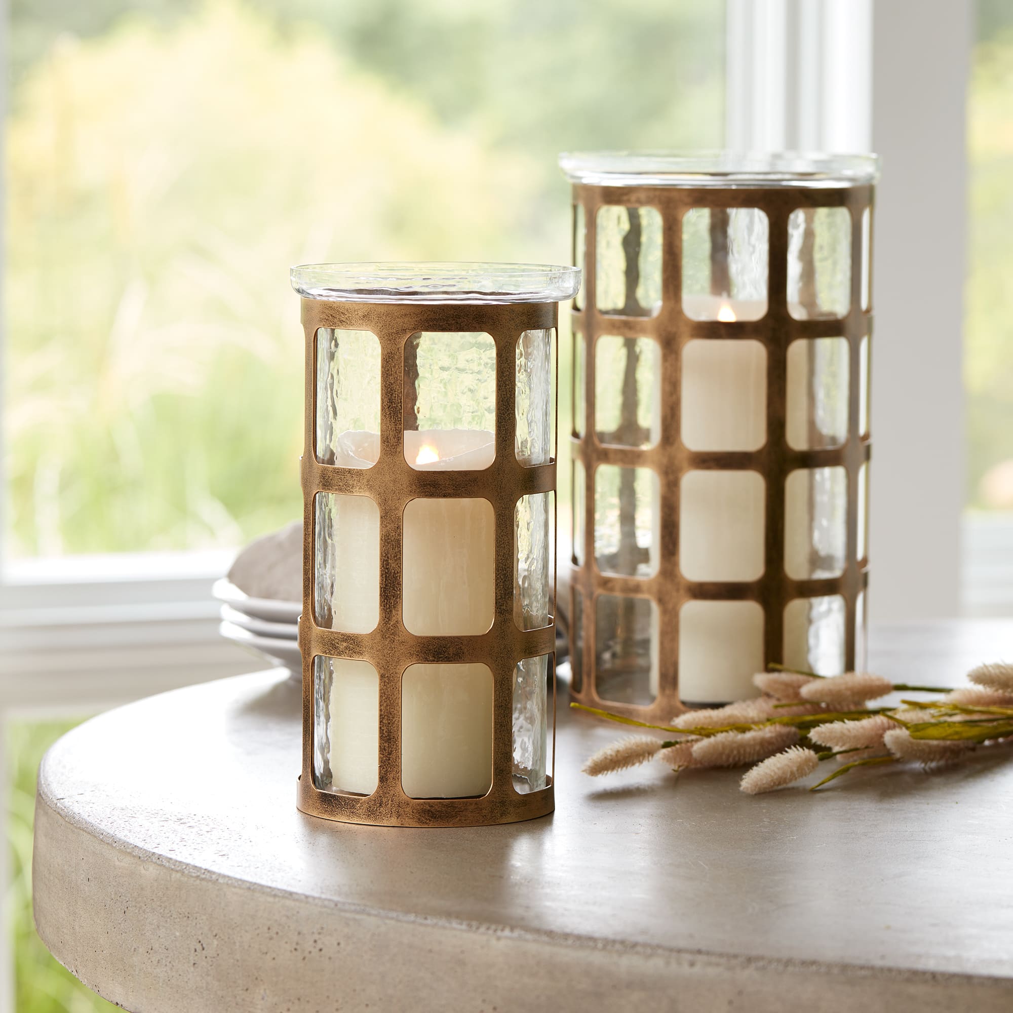 12.5" Wavy Glass Candle Holder with Distressed Metal Frame