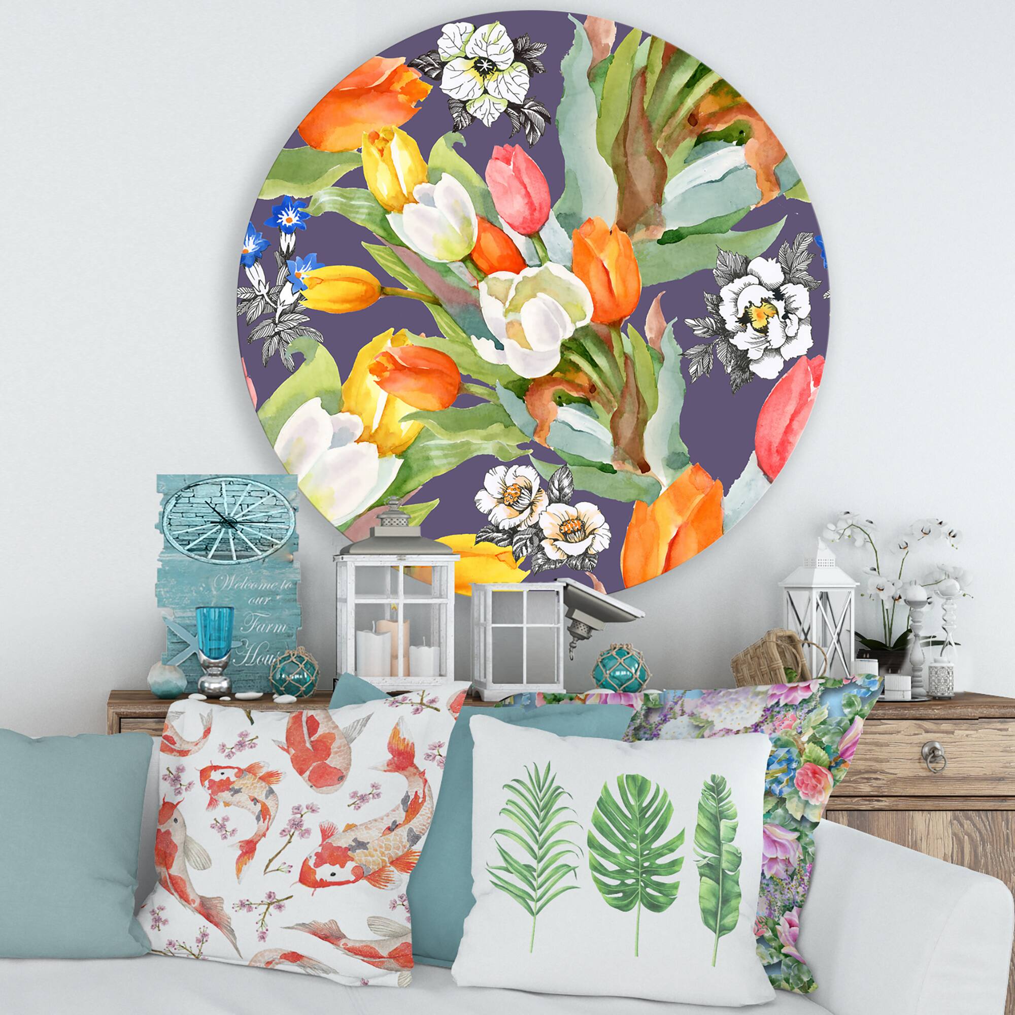 Designart - Blooming White and Orange Tulips VI - Traditional Metal Circle Wall Art