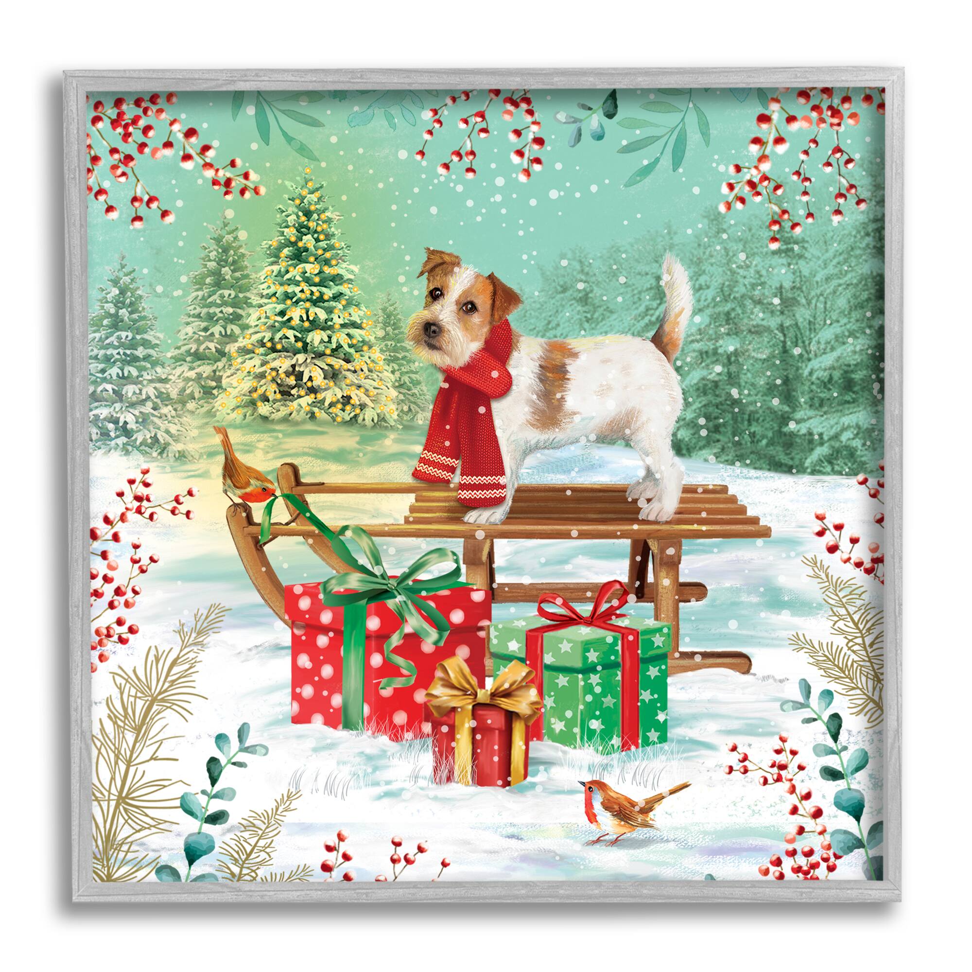 Stupell Industries Puppy On Sled Christmas Gifts Framed Giclee Art