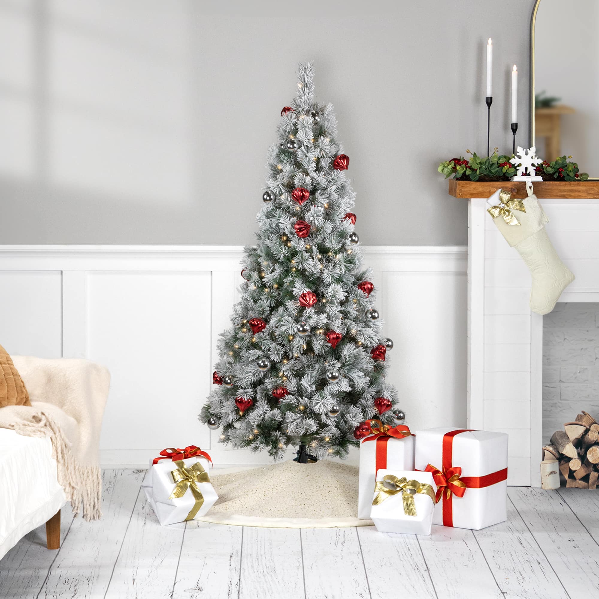 4.5ft. Pre-Lit Snowy Bristle Pine Artificial Christmas Tree, Clear Lights