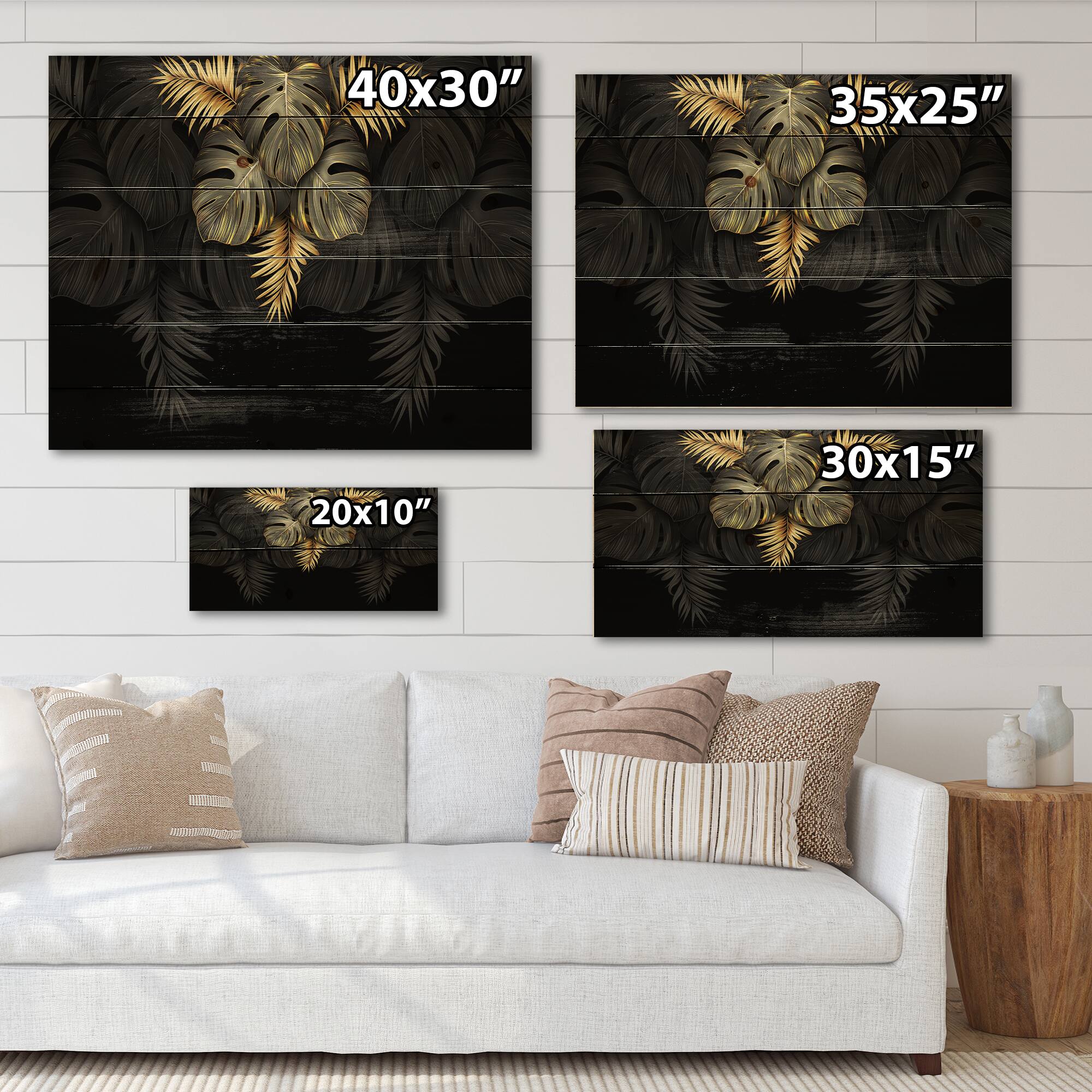 Designart - Black and Gold Tropical Leaves IV - Modern Print on Natural Pine Wood