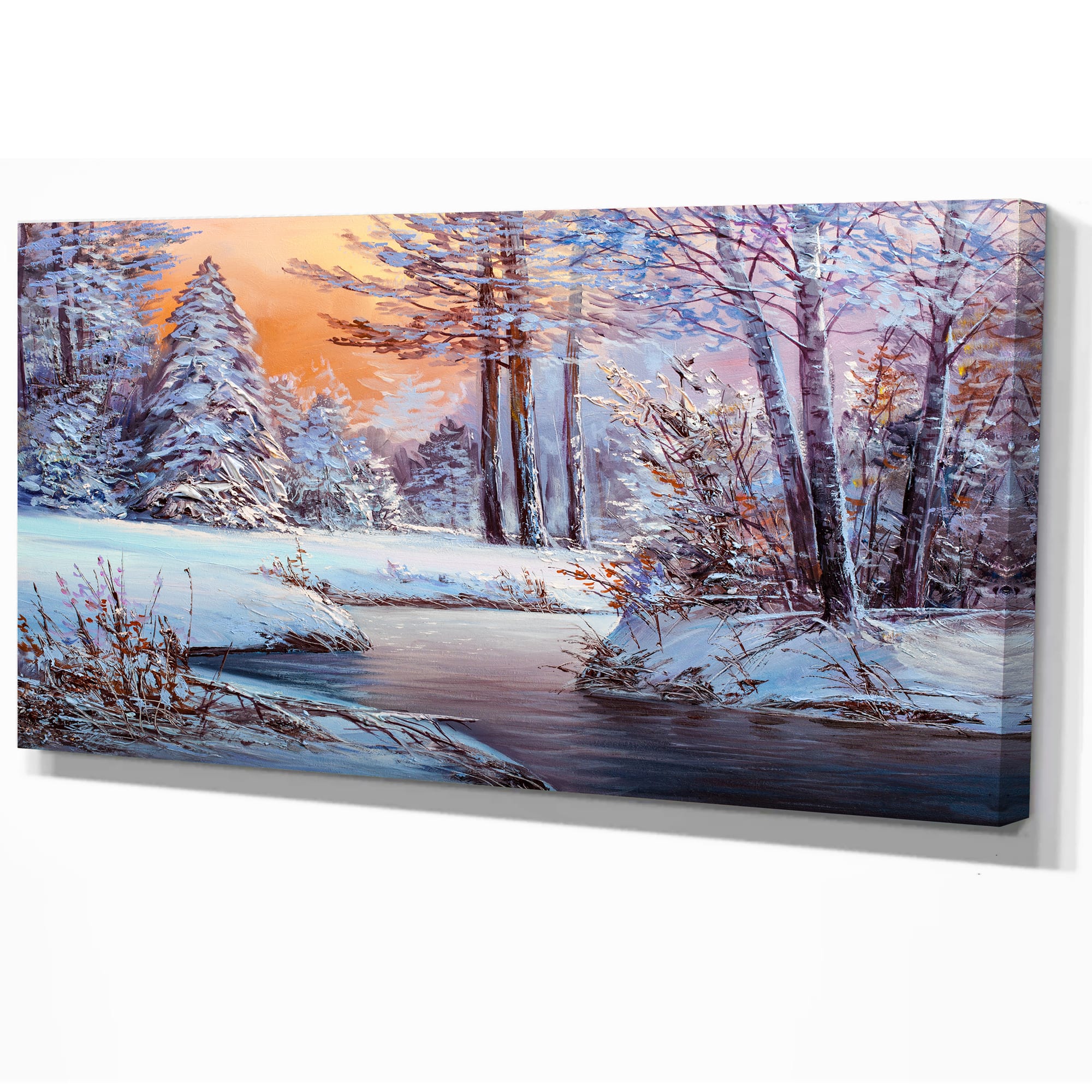 Designart - Forest in Winter Sunset - Landscapes Painting Print on Wrapped Canvas
