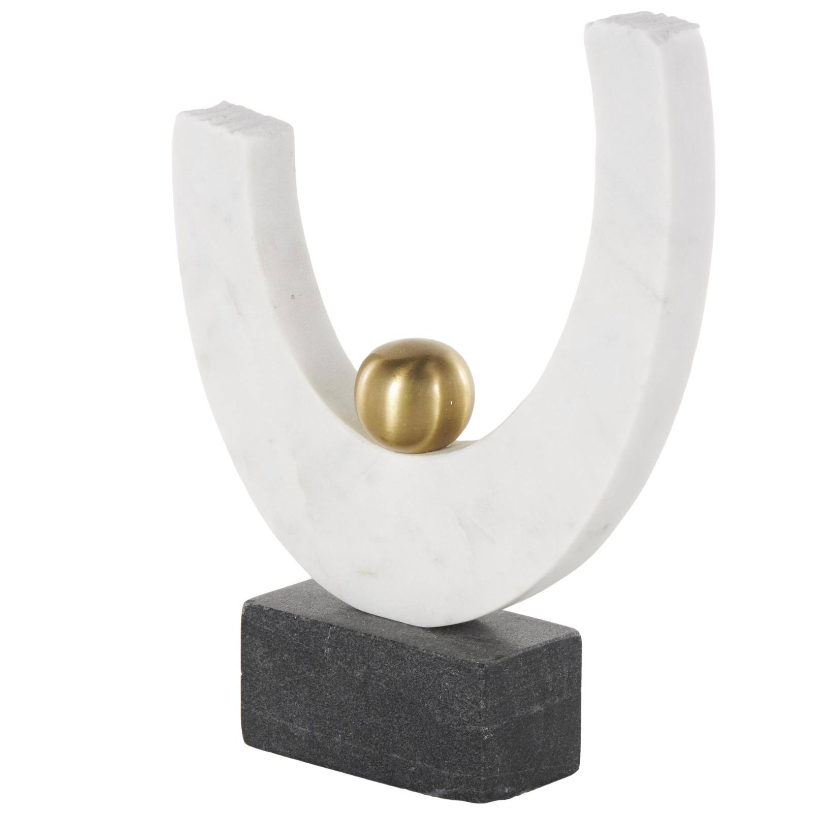 10.25" White Abstract Curved Semicircle Marble & Metal Sculpture with Gold Orb Accent