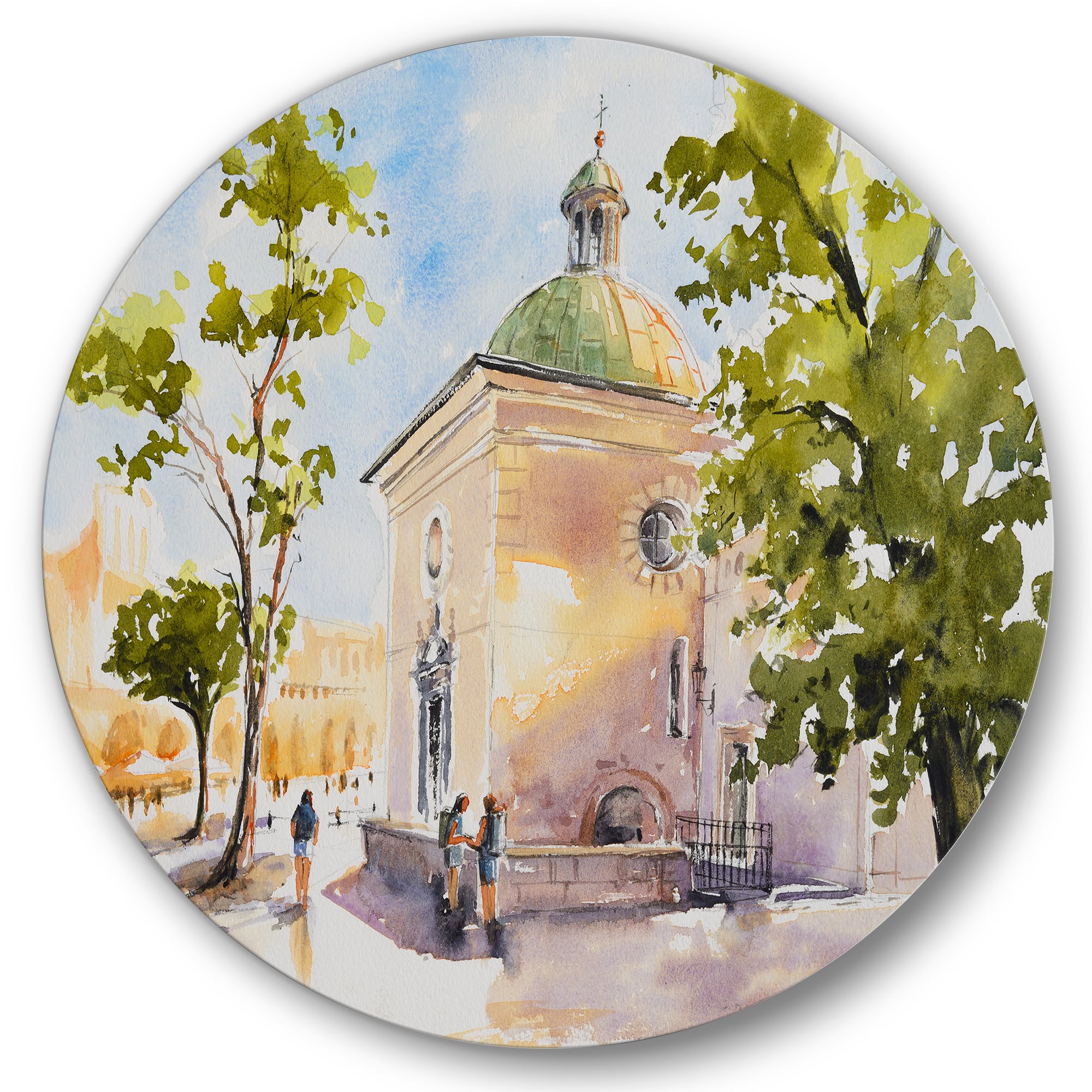 Designart - Rustic Church In The Village - Country Metal Circle Wall Art