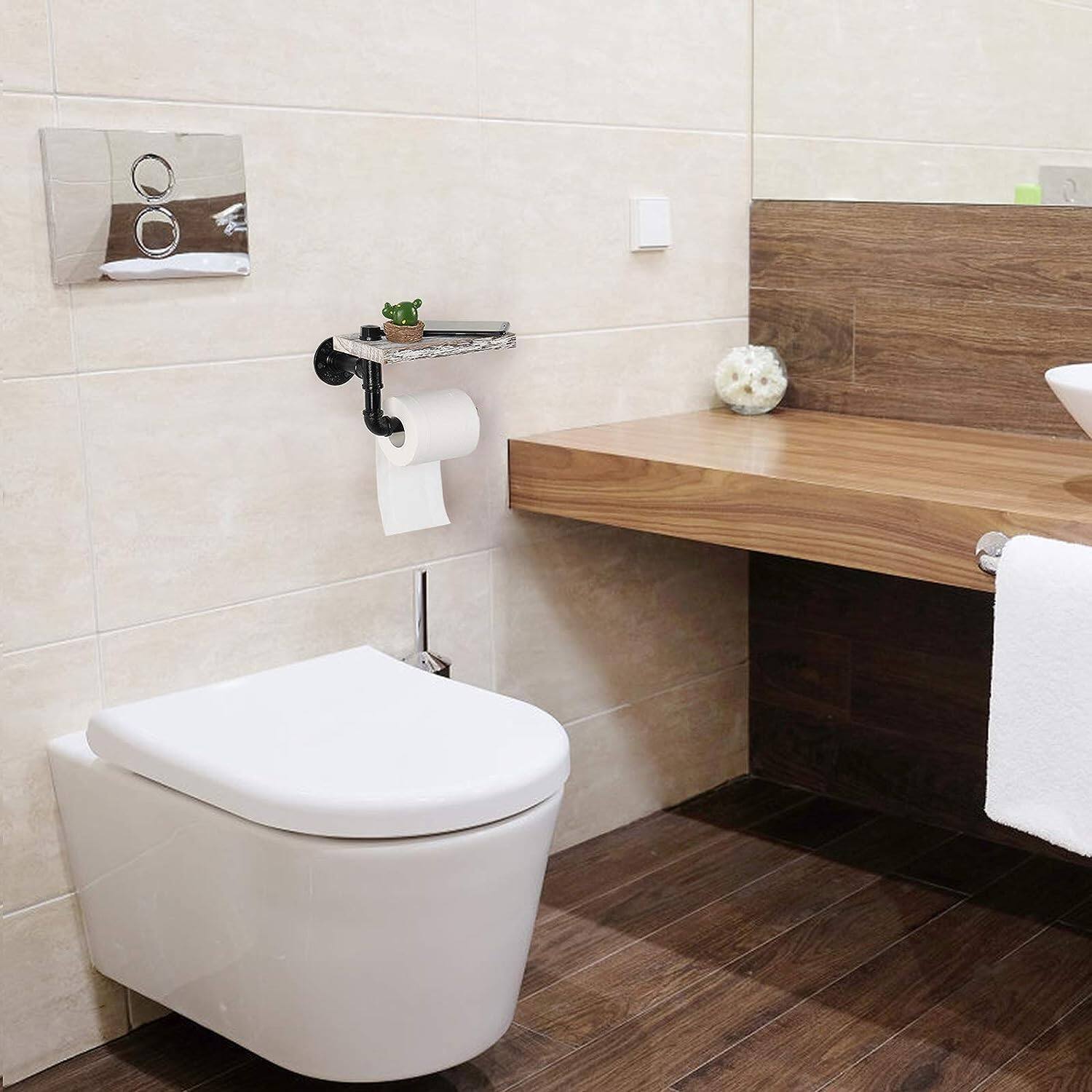 Black Industrial Wall-Mounted Rustic Toilet Paper Holder with Wood Shelf
