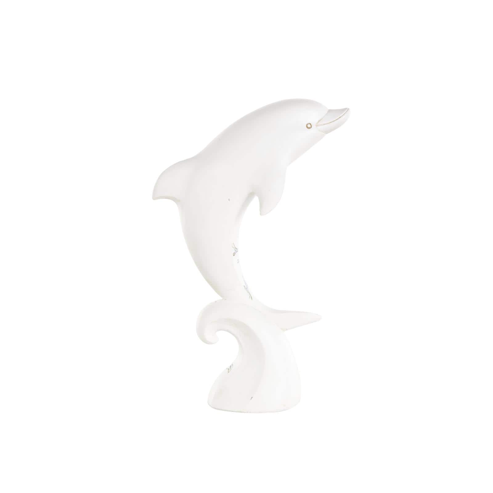 12" White with Blue Coral Pattern Curved Polystone Dolphin Sculpture