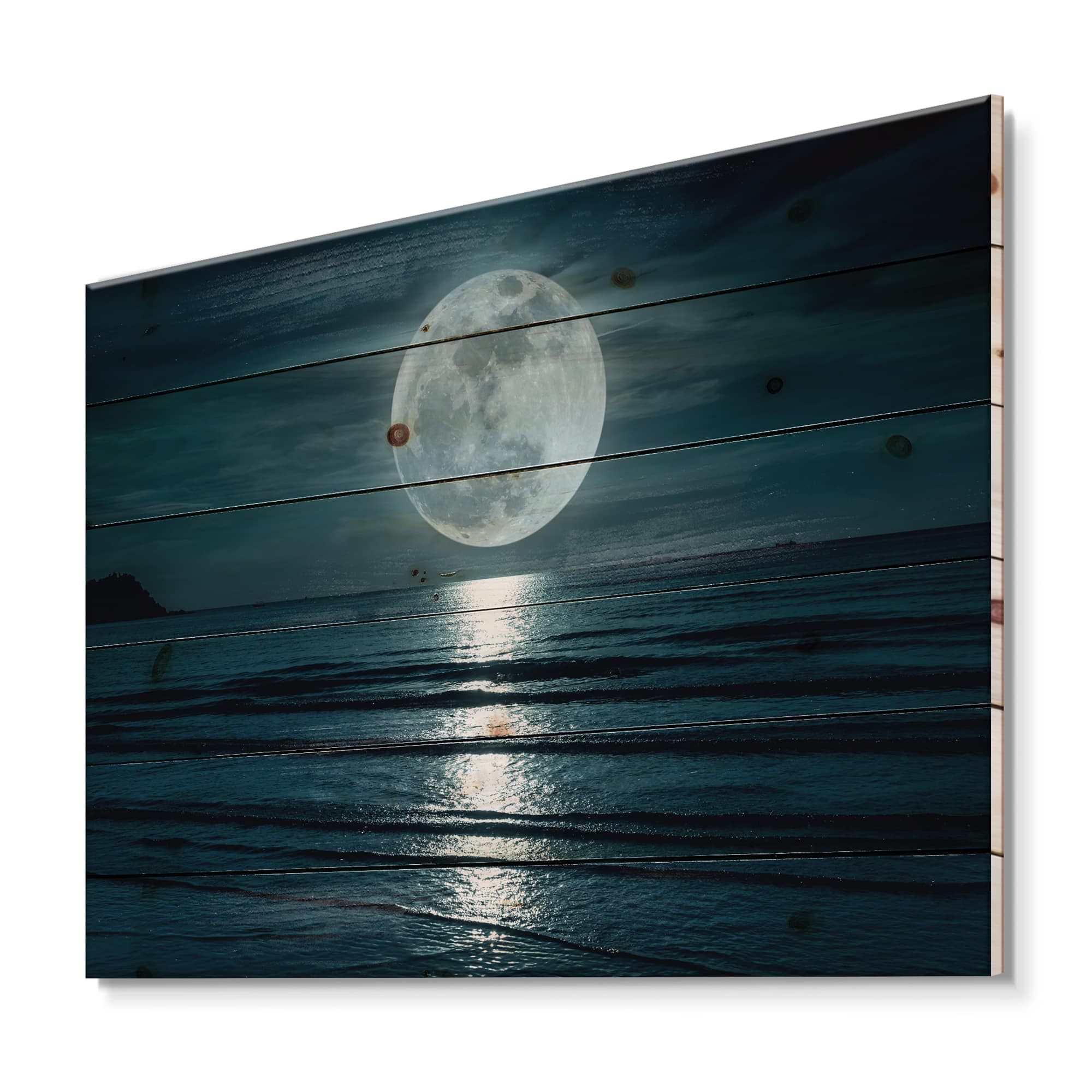 Designart - Super Moon Over The Sea I - Modern Print on Natural Pine Wood