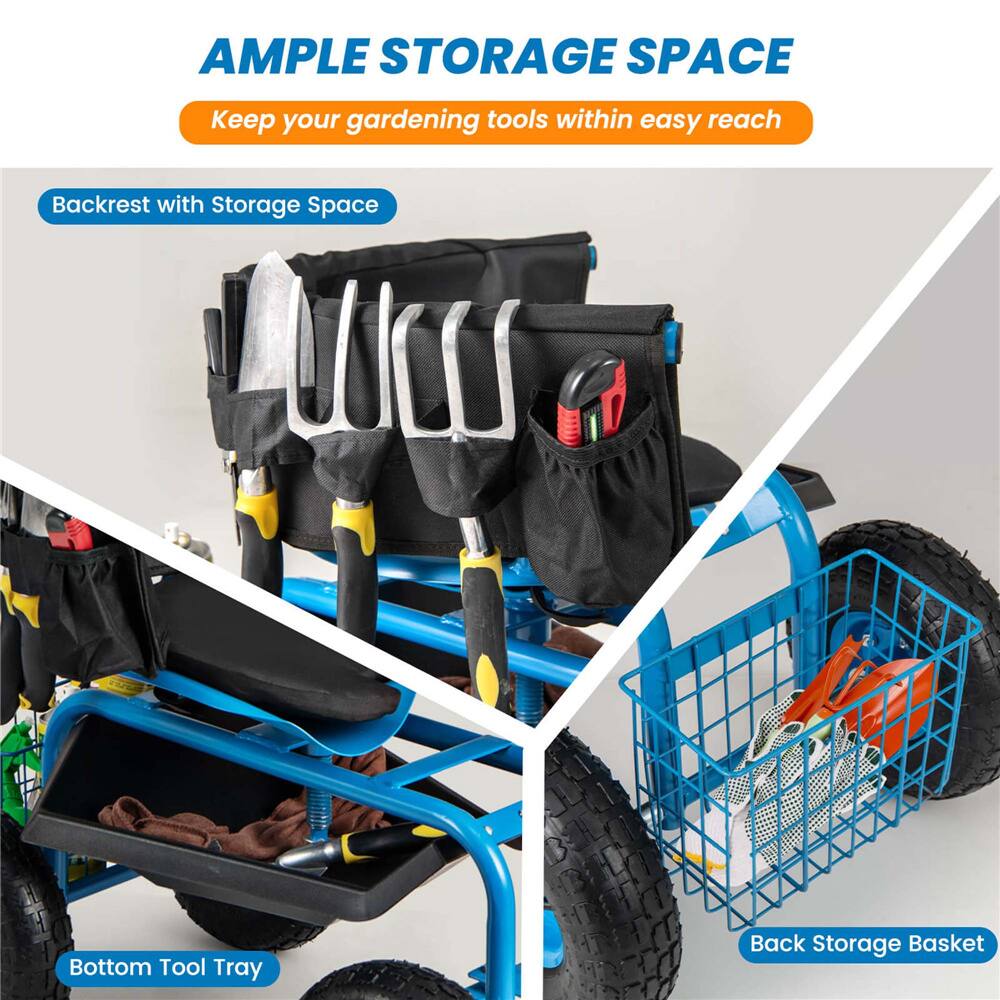 Costway Rolling Garden Cart Work Seat with Adjustable Height, Tool Tray & Storage Basket