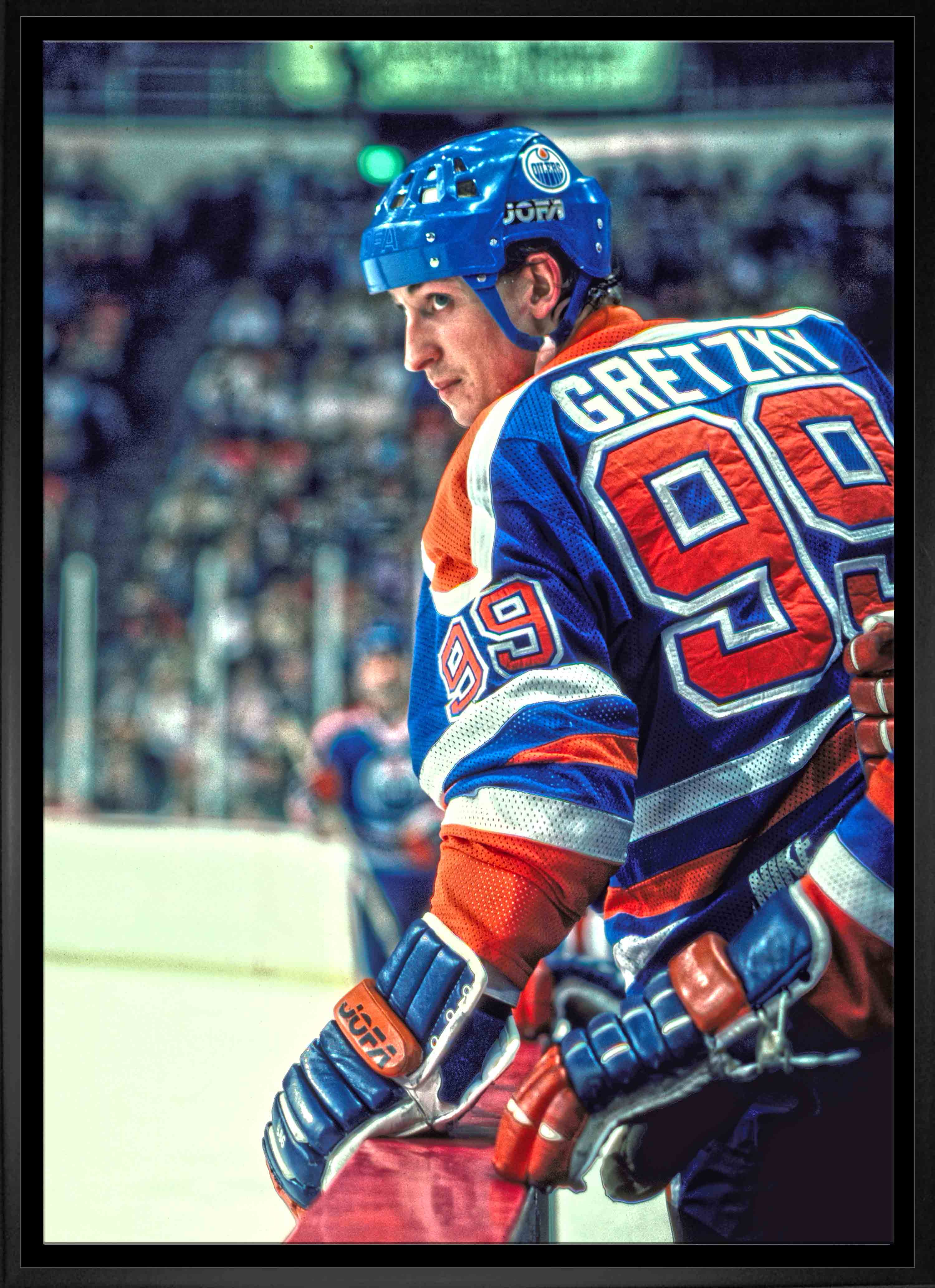 Wayne Gretzky Edmonton Oilers Framed 20" x 29" Jumping Over Bench Canvas 22.5" x 31.5"
