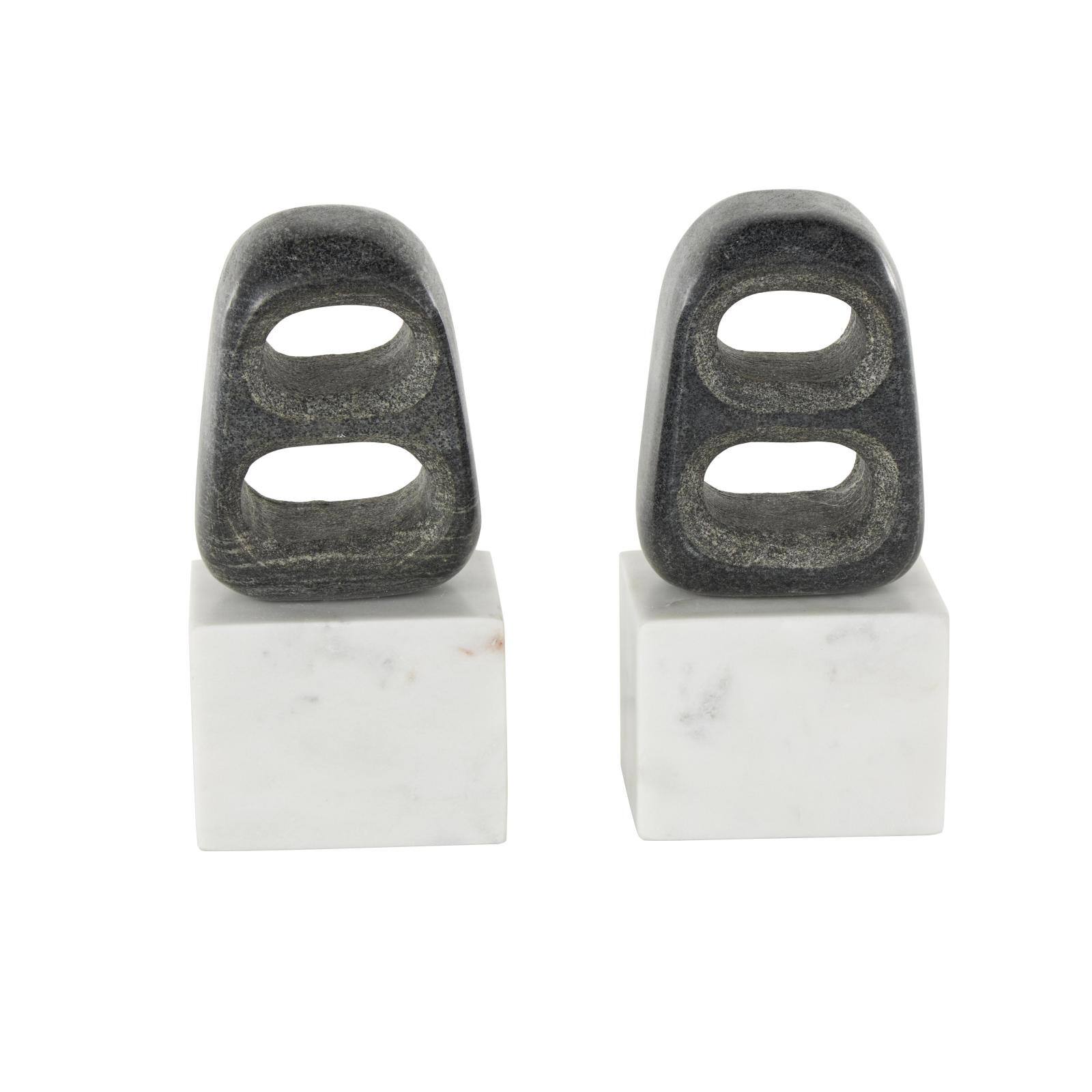 8.25" White & Black Marble Geometric Cutout Oval Bookend Set with Block Base