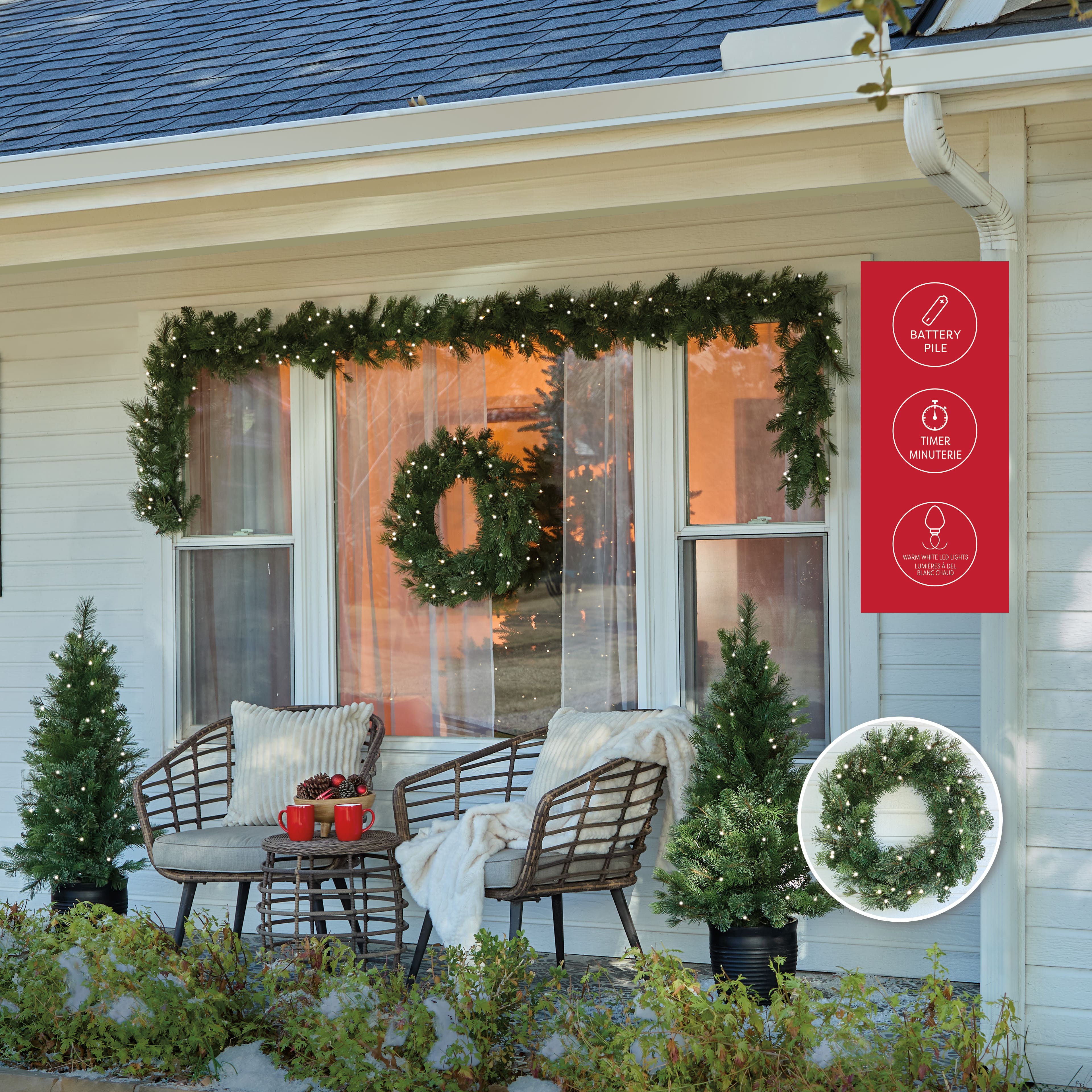 5pc. Pre-Lit Jackson Spruce Potted Artificial Christmas Trees, Garlands & Wreath Set, Warm White LED Lights by Ashland®