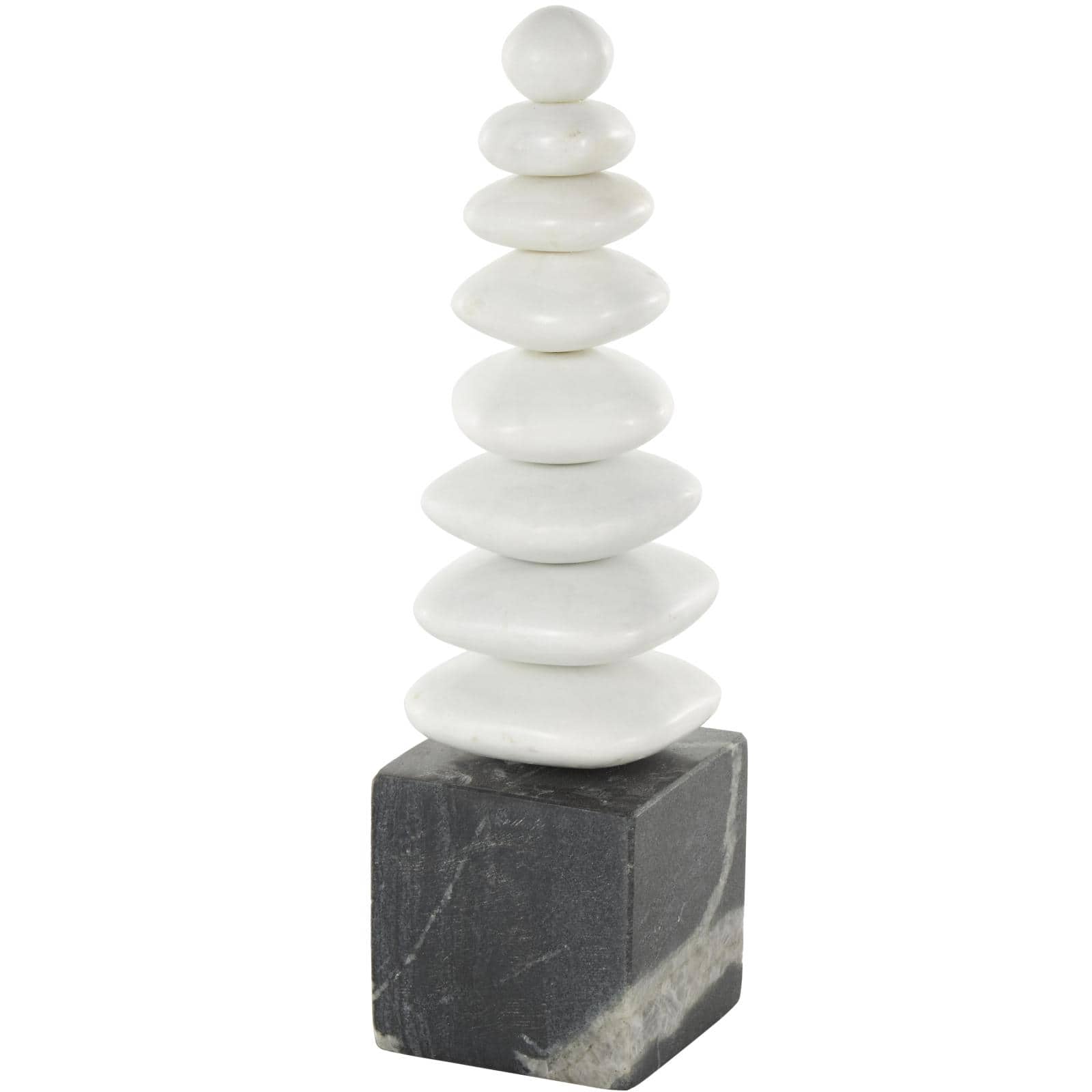 White & Black Abstract Stacked Stone Marble Sculpture with Block Base