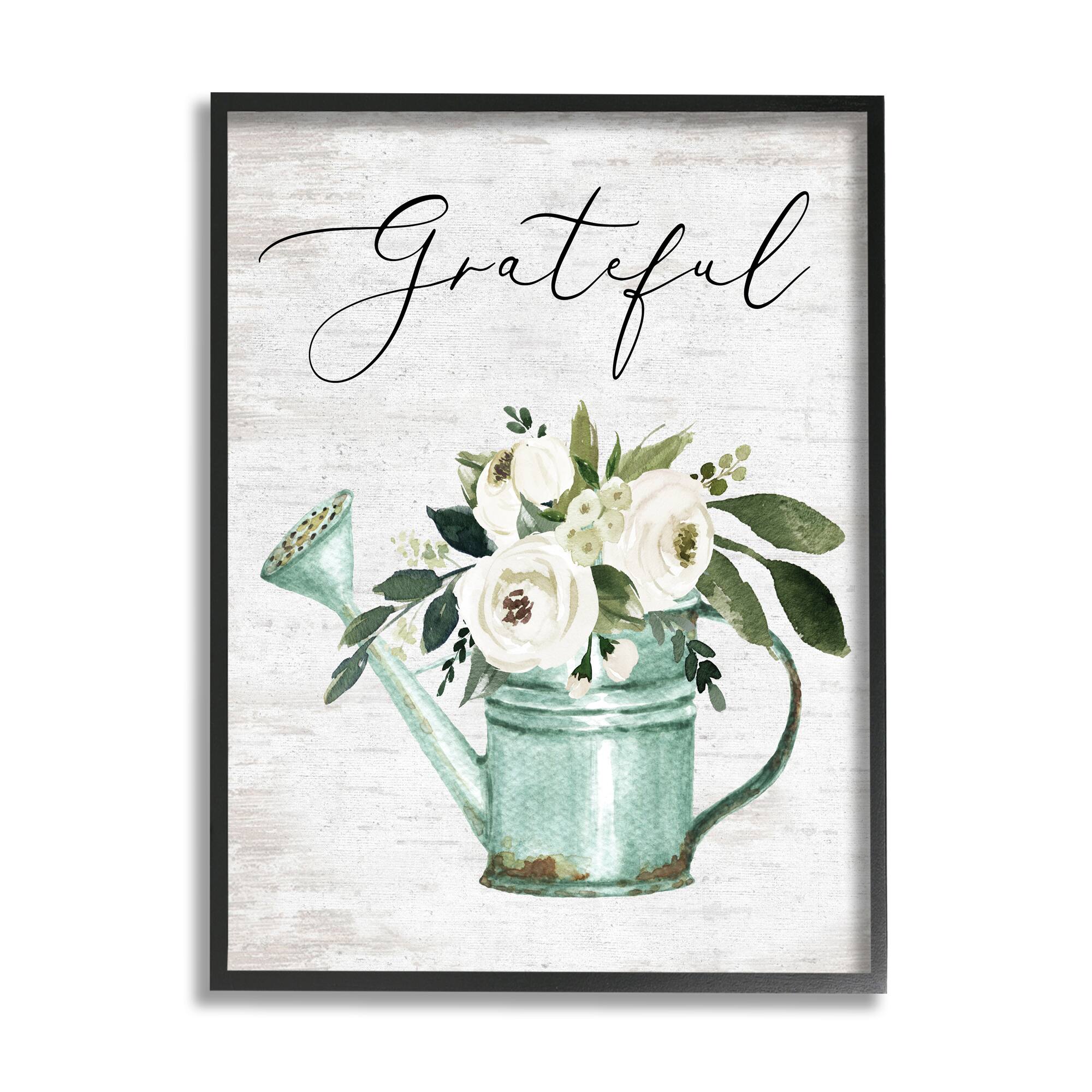 Stupell Industries Grateful Sentiment Vintage Turquoise Watering Can Flower Bouquet Framed Wall Art