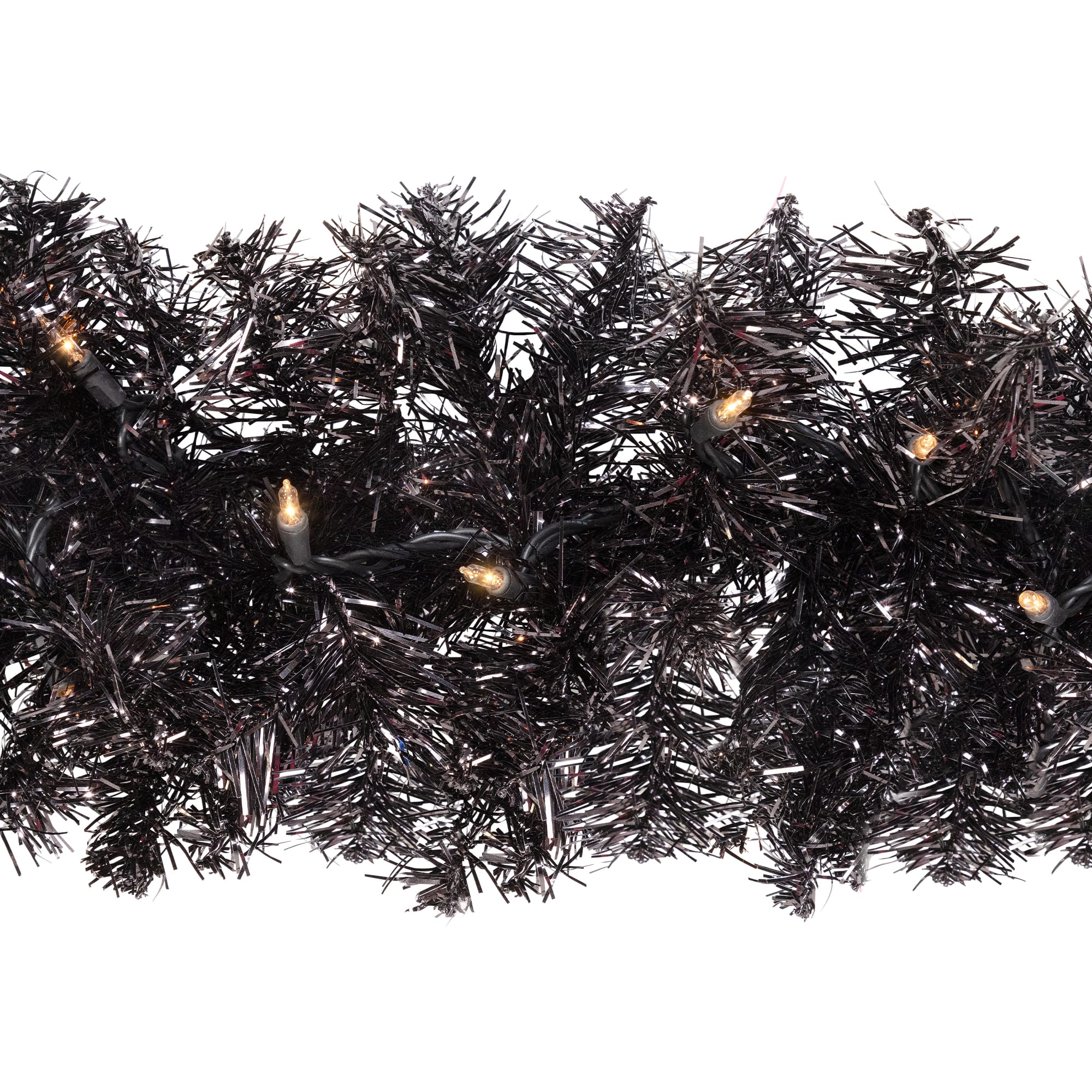 9ft. Pre-Lit Black Tinsel Garland, Clear Lights