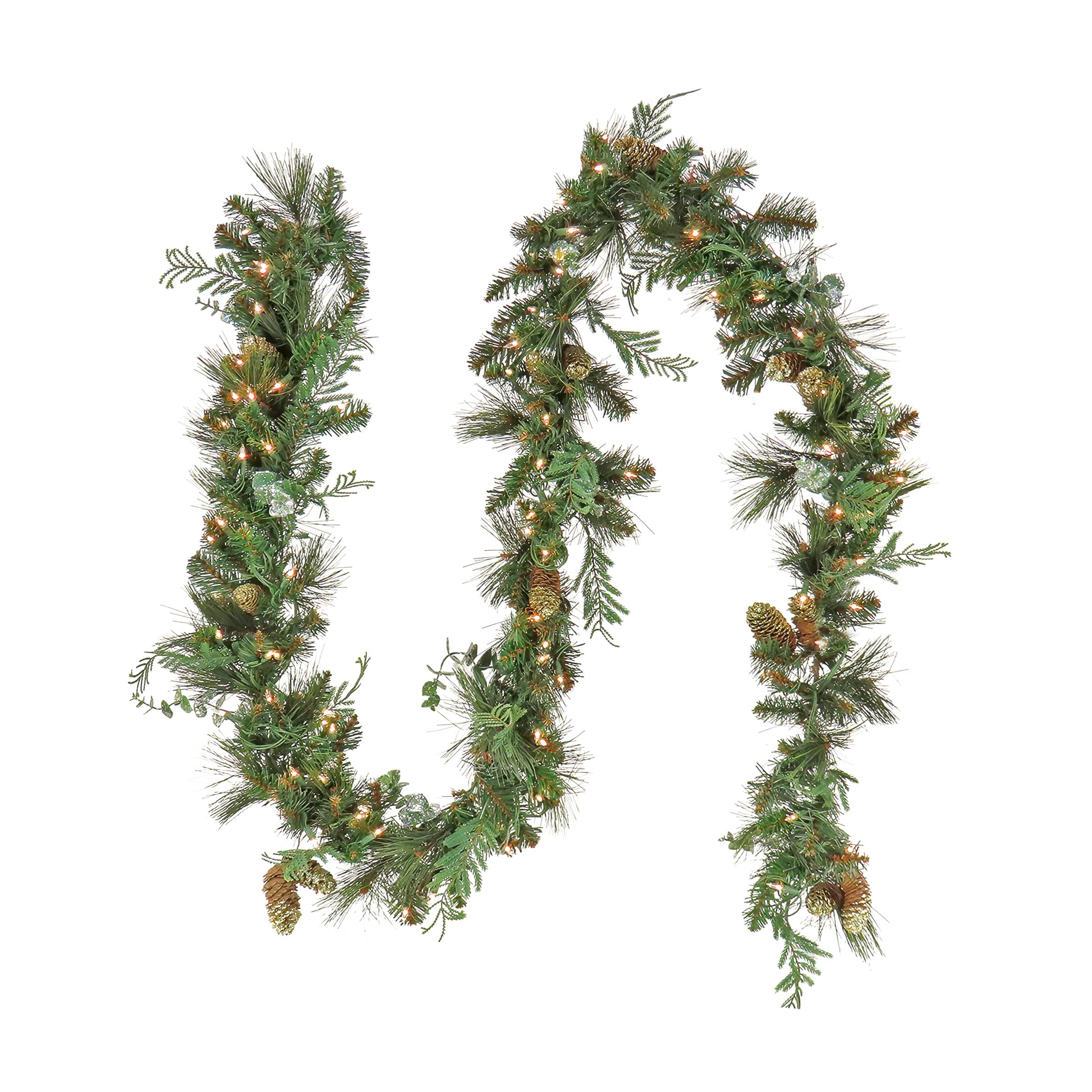 First Traditions™ Collection 9ft. Pre-Lit Artificial North Conway Garland with Glittery Cones & Eucalyptus, 100 Warm White LED Lights