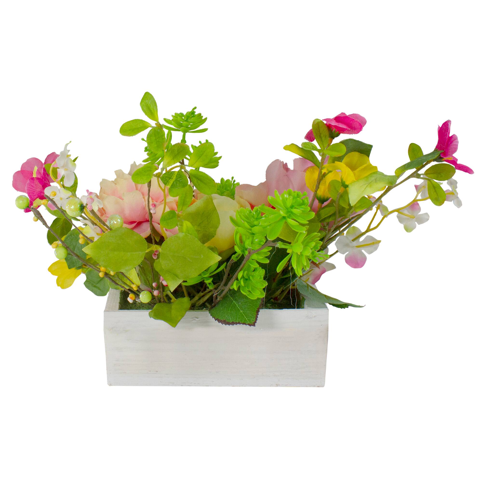 14'' Pink and Yellow Artificial Roses and Peony Floral Arrangement in Planter