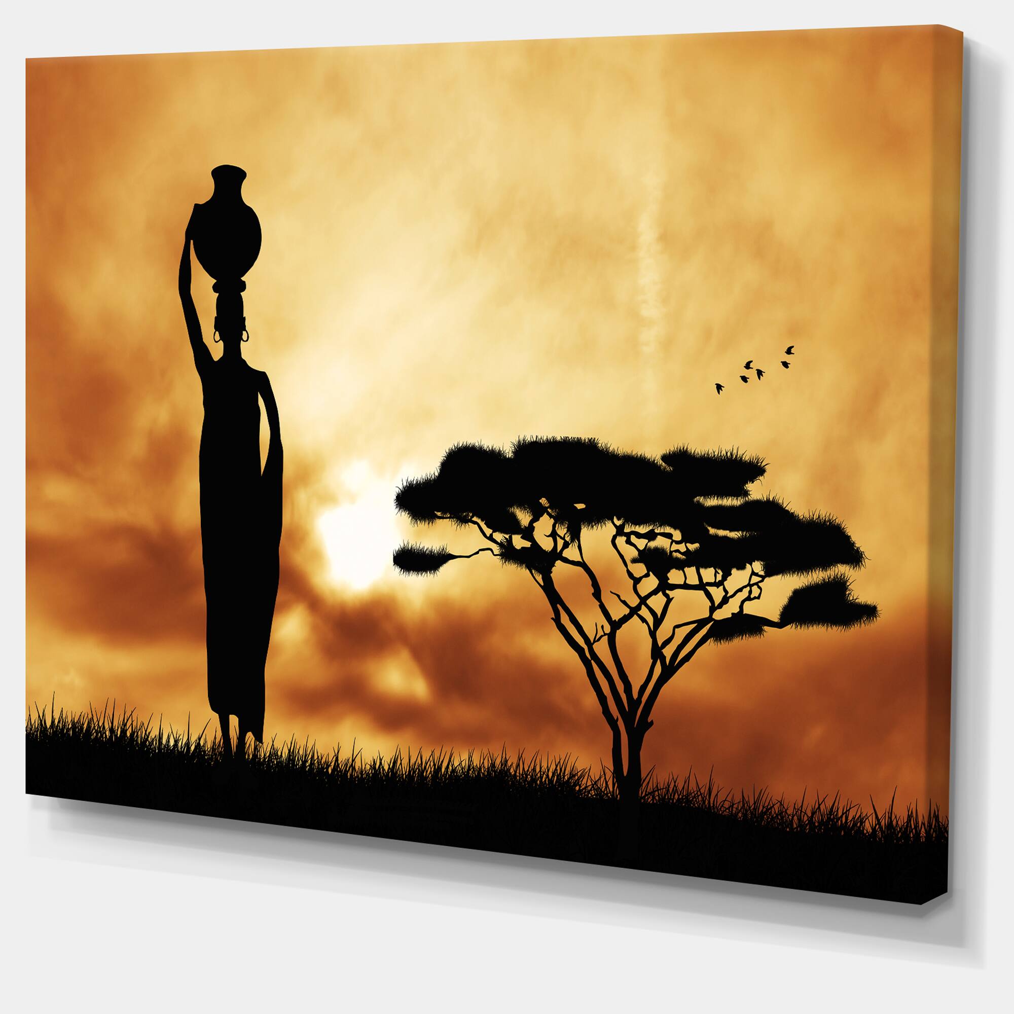 Designart - African Woman and Lonely Tree - African Landscape Canvas Art Print